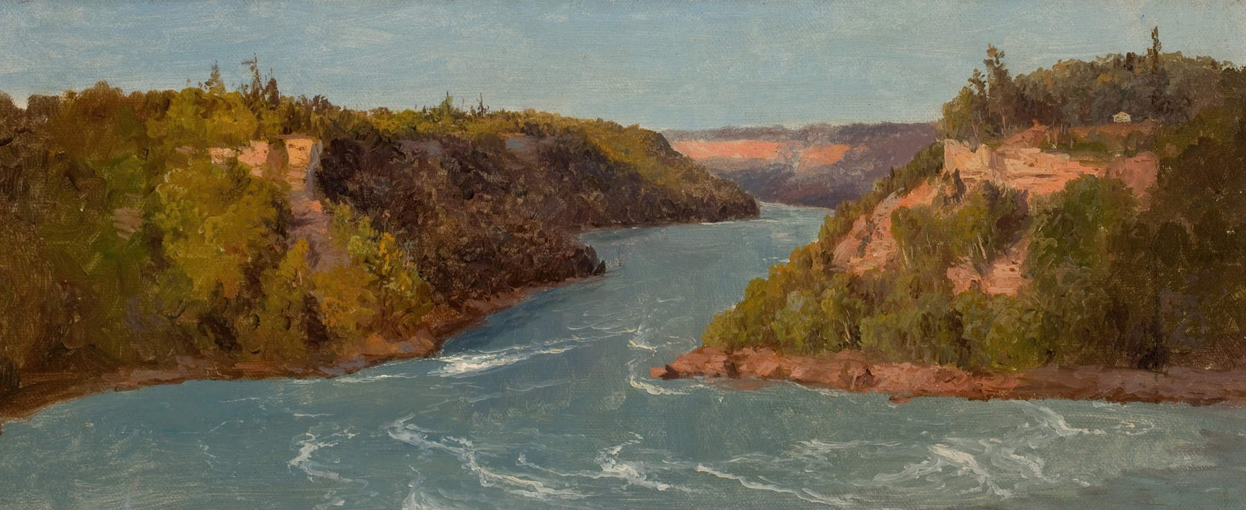Rapids at Niagara Falls by Régis François Gignoux, oil painting depicting a waterfall and lush greenery.