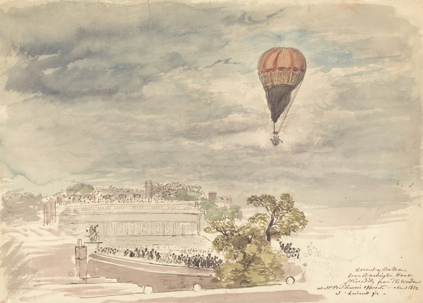 Ascent of Balloon from Burlington House, Piccadilly, from the Window at Mr. B. Palmer’s, by John Linnell, public domain