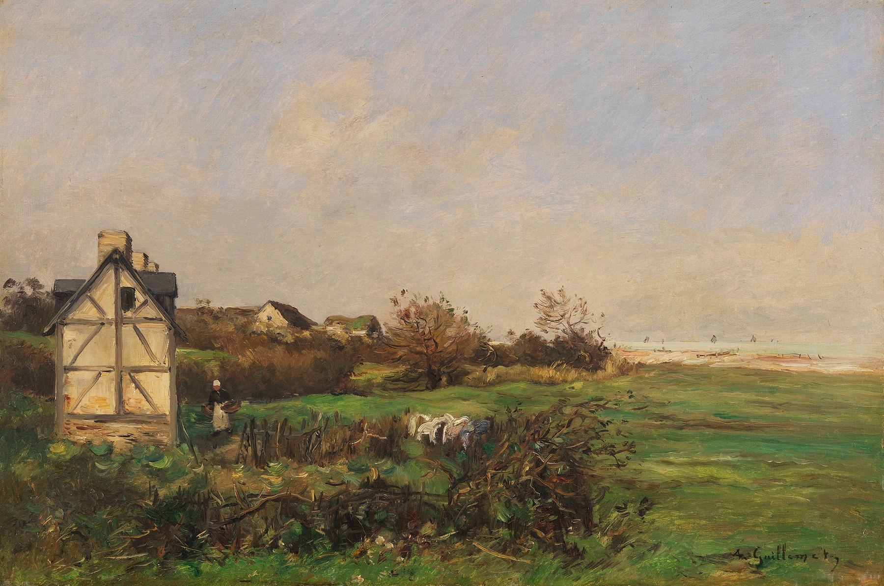 Landschaft mit Fachwerkhaus und Bäuerin, oil painting by Antoine Guillemet