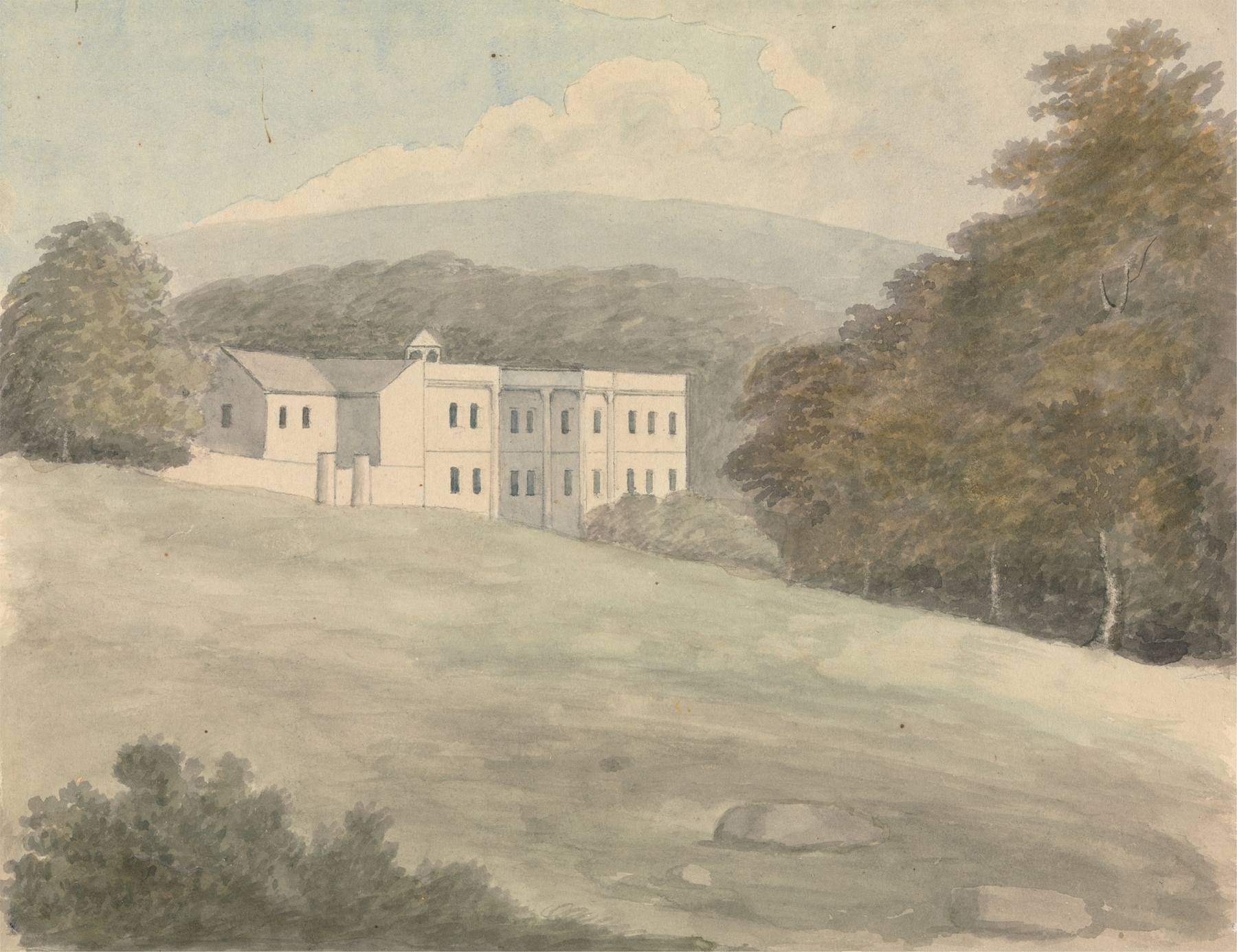 Norbury Park by Edward Francis Burney, oil on canvas, depicting a serene landscape with trees and a pond.