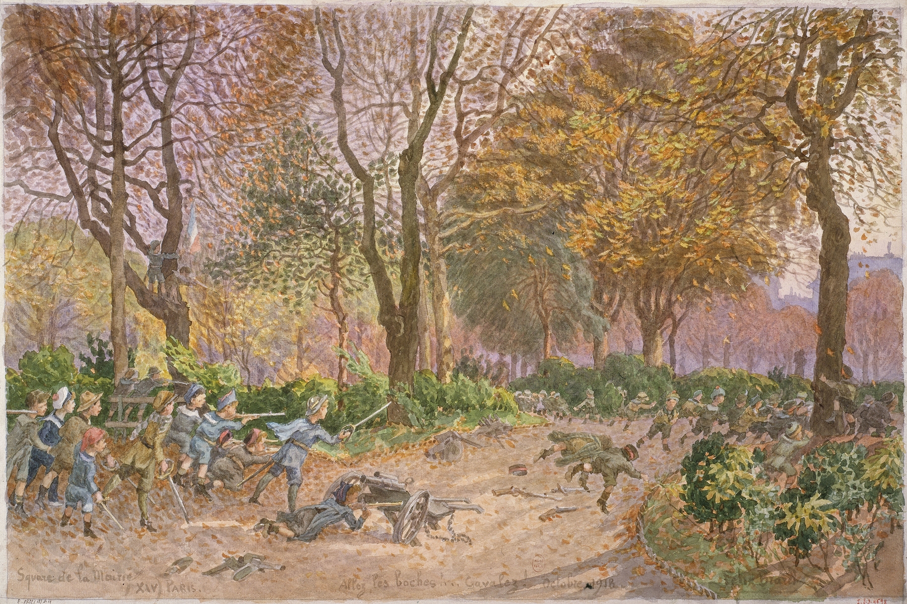 Children playing at war in the square, oil on canvas by Félix Brard