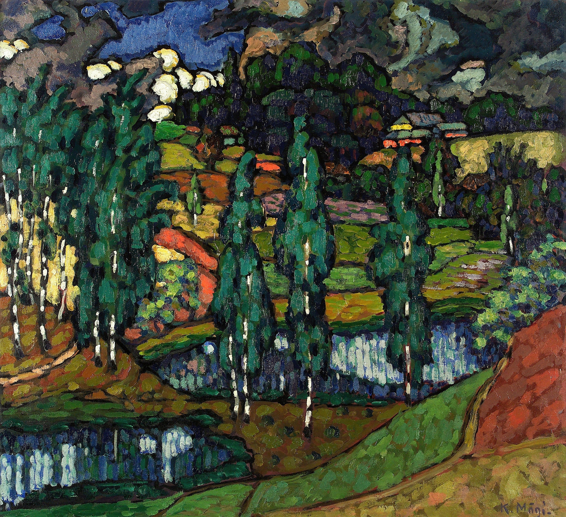 Oil on canvas by Konrad Mägi, depicting a lush forest with light and shadow.