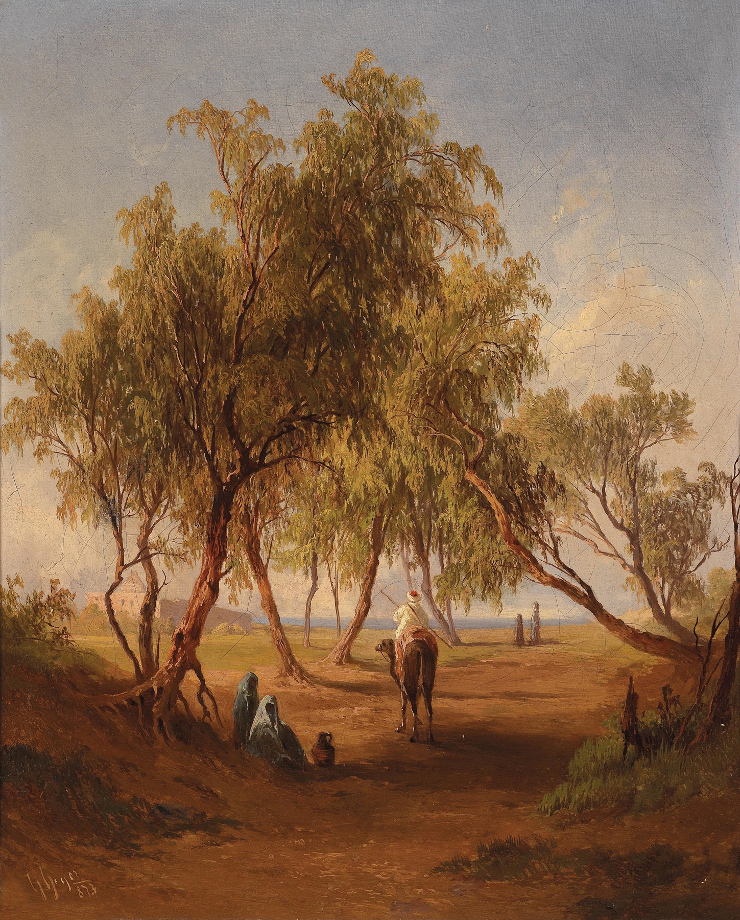 Figurative oil painting by Georg Geyer depicting a rider on a horse with a city background.
