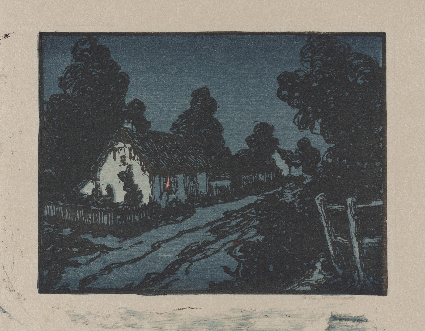 Village Lane at Night by Andrew Kay Womrath, oil on canvas depicting a village illuminated by lampposts.