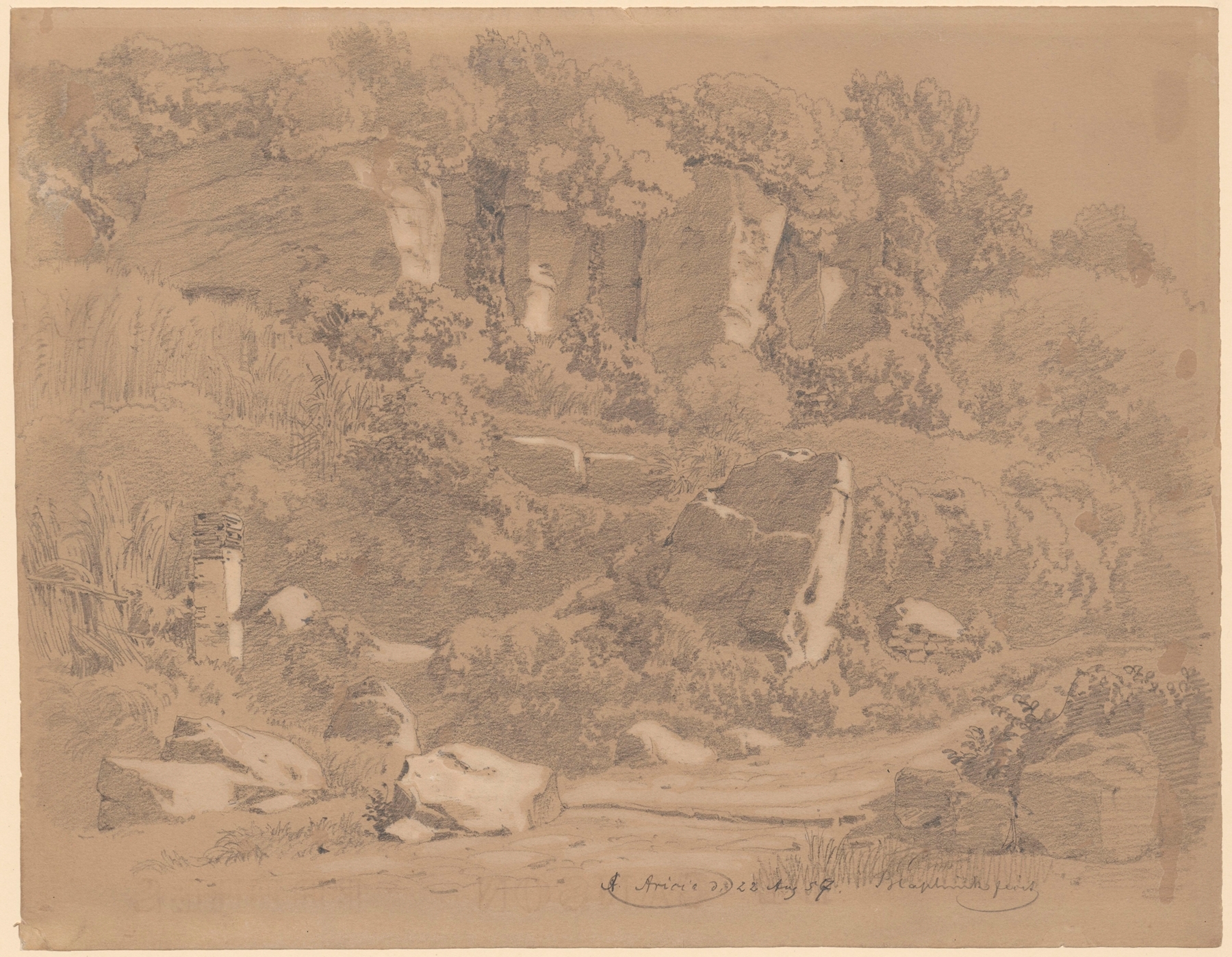 Rock caves in Ariccia by Arthur Blaschnik, depicting sunlight filtering through rugged openings.