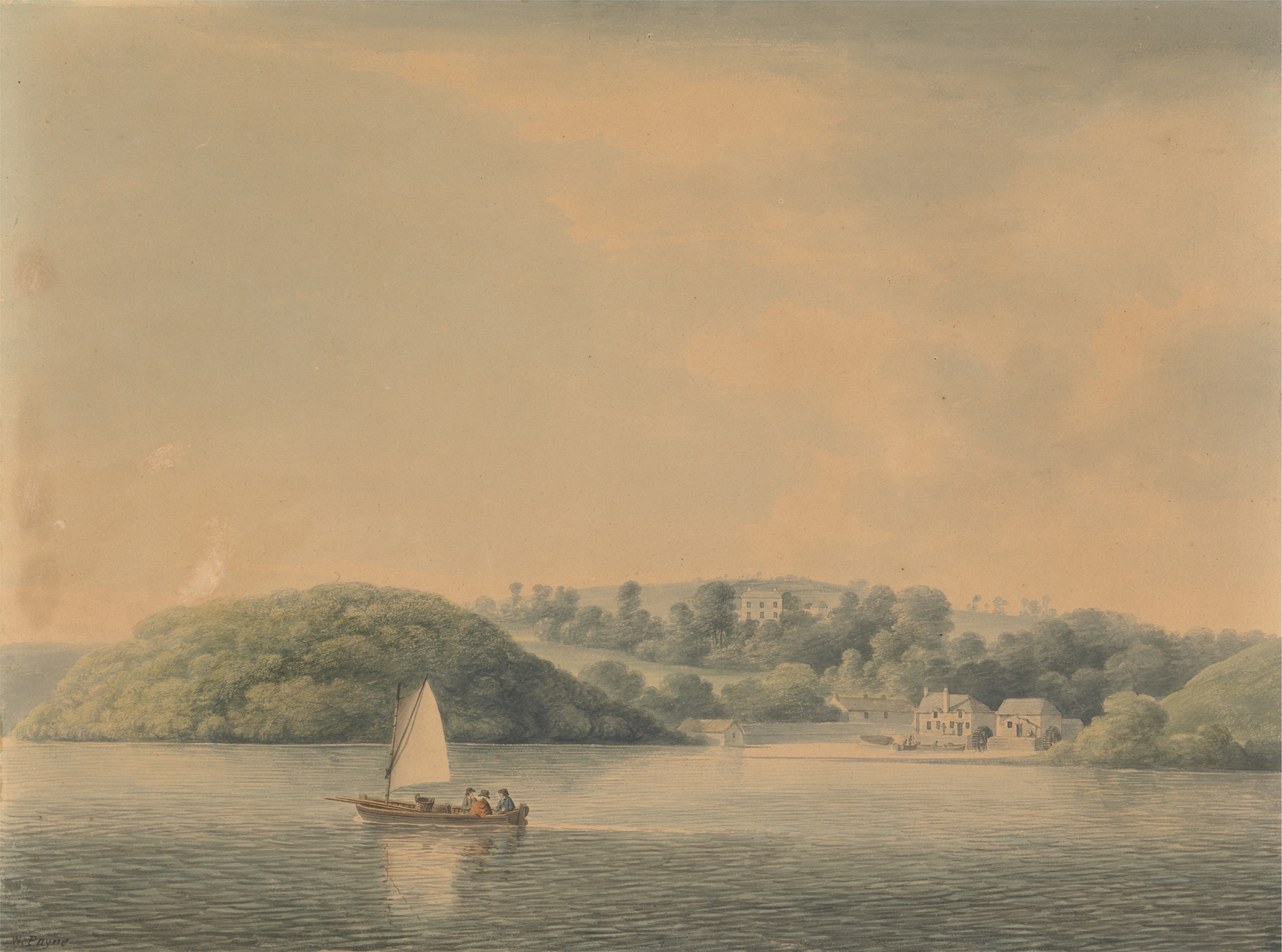 Mill on the Tavy by William Payne, oil painting depicting a tranquil landscape with a river and mill.