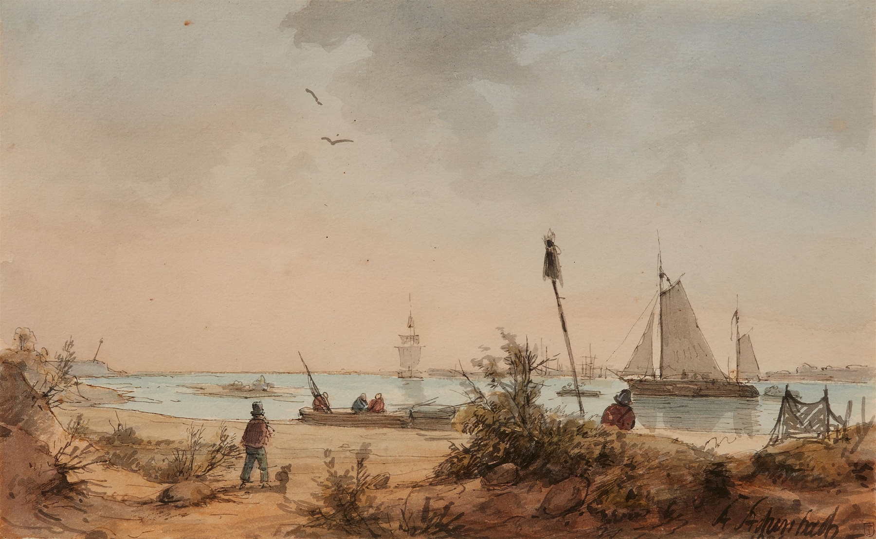 Küstenlandschaft mit Fischern und Segelschiffen in der Ferne, by Andreas Achenbach, public domain
