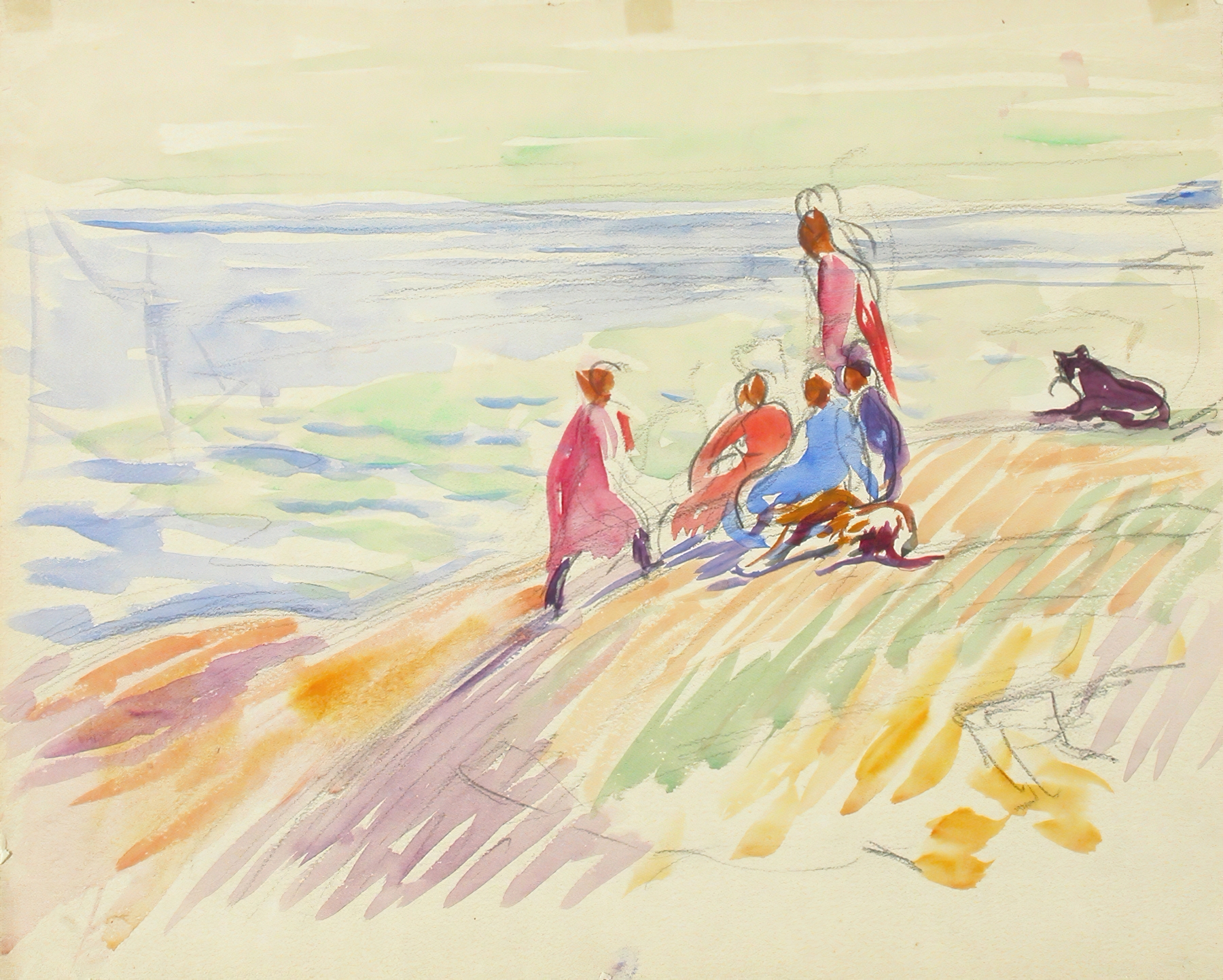Shore Landscape by Magnus Enckell, depicting gentle waves at twilight, oil painting.