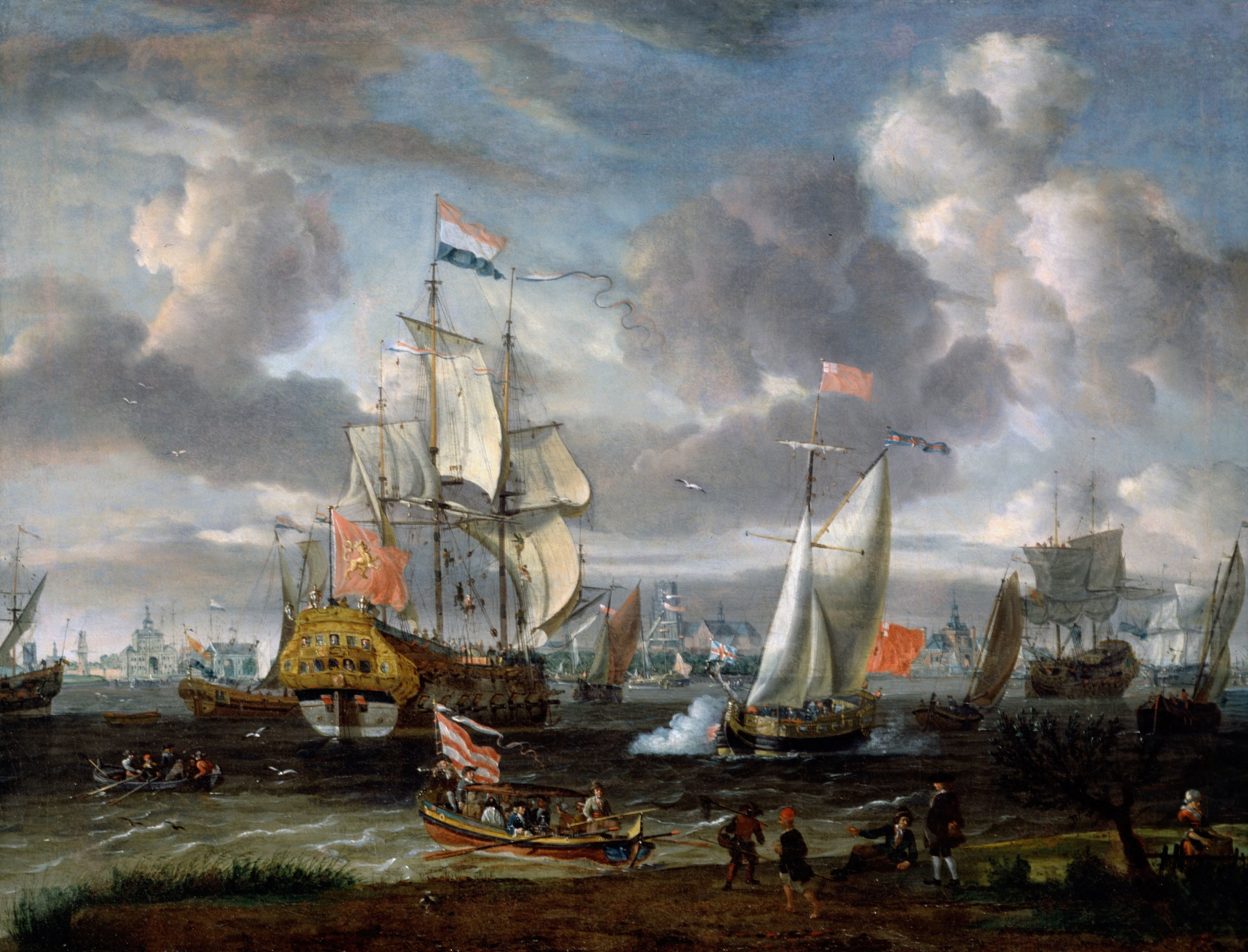 An English Yacht saluting a Dutch Man-of-War in the port of Rotterdam, by Abraham Storck, public domain