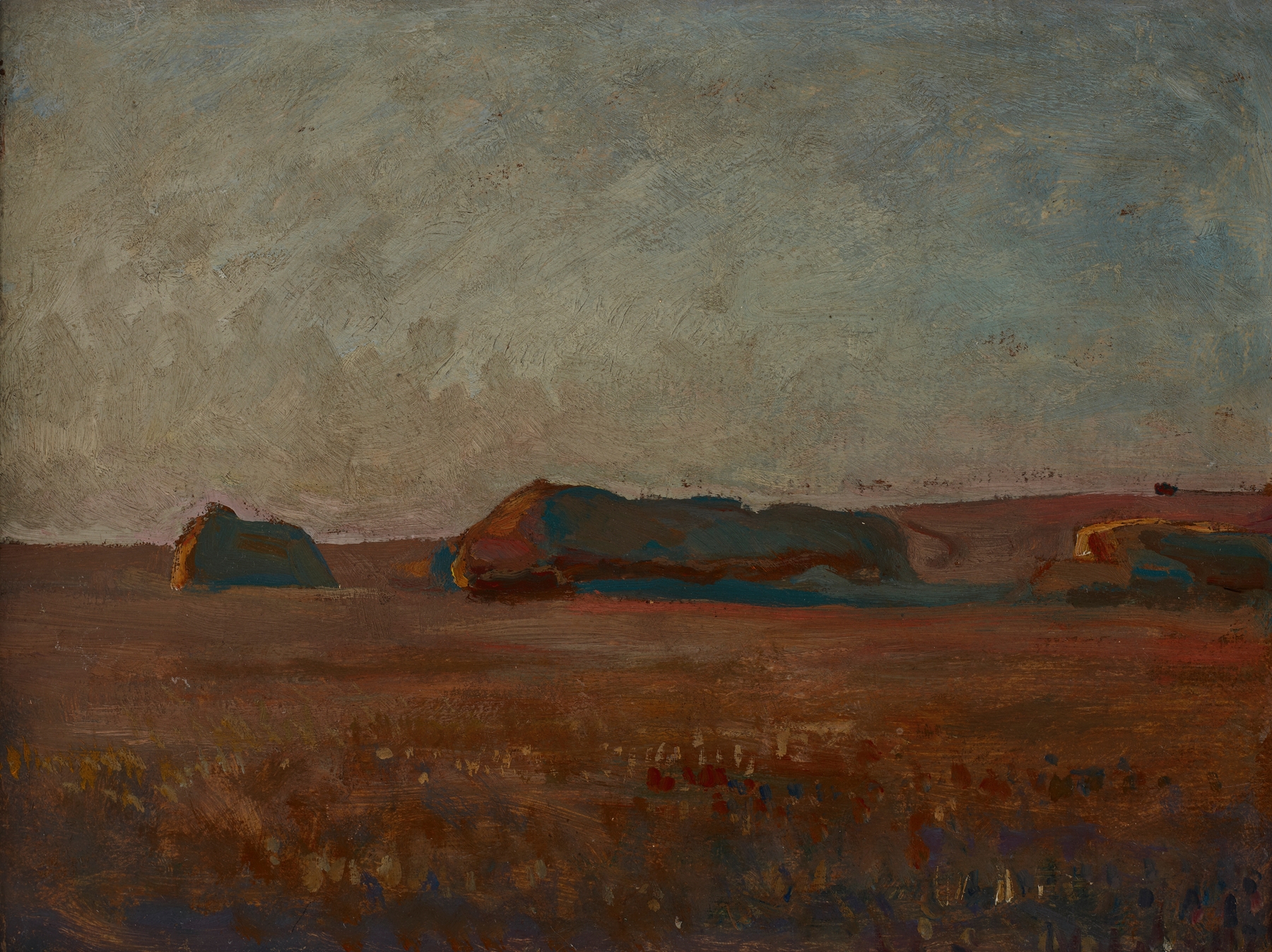 Ricks of Corn by Jan Stanisławski, oil on canvas depicting cornfields and hills under a blue sky.