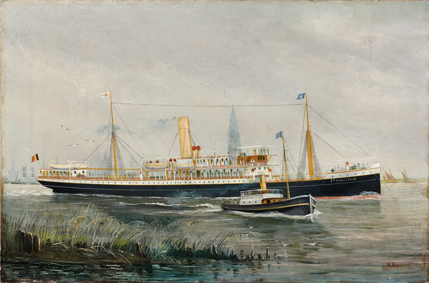Steamship ‘Stanleyville’ in Antwerp harbor, oil painting by John-Henry Mohrmann