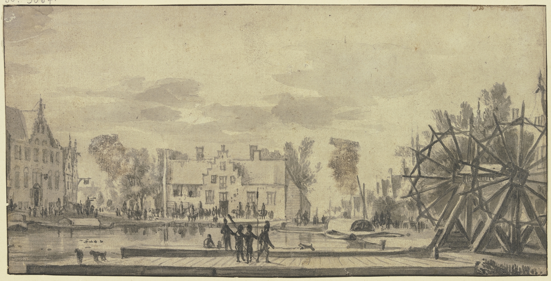 Oil painting by Roelant Roghman depicting a bridge with troops waiting on the shore.