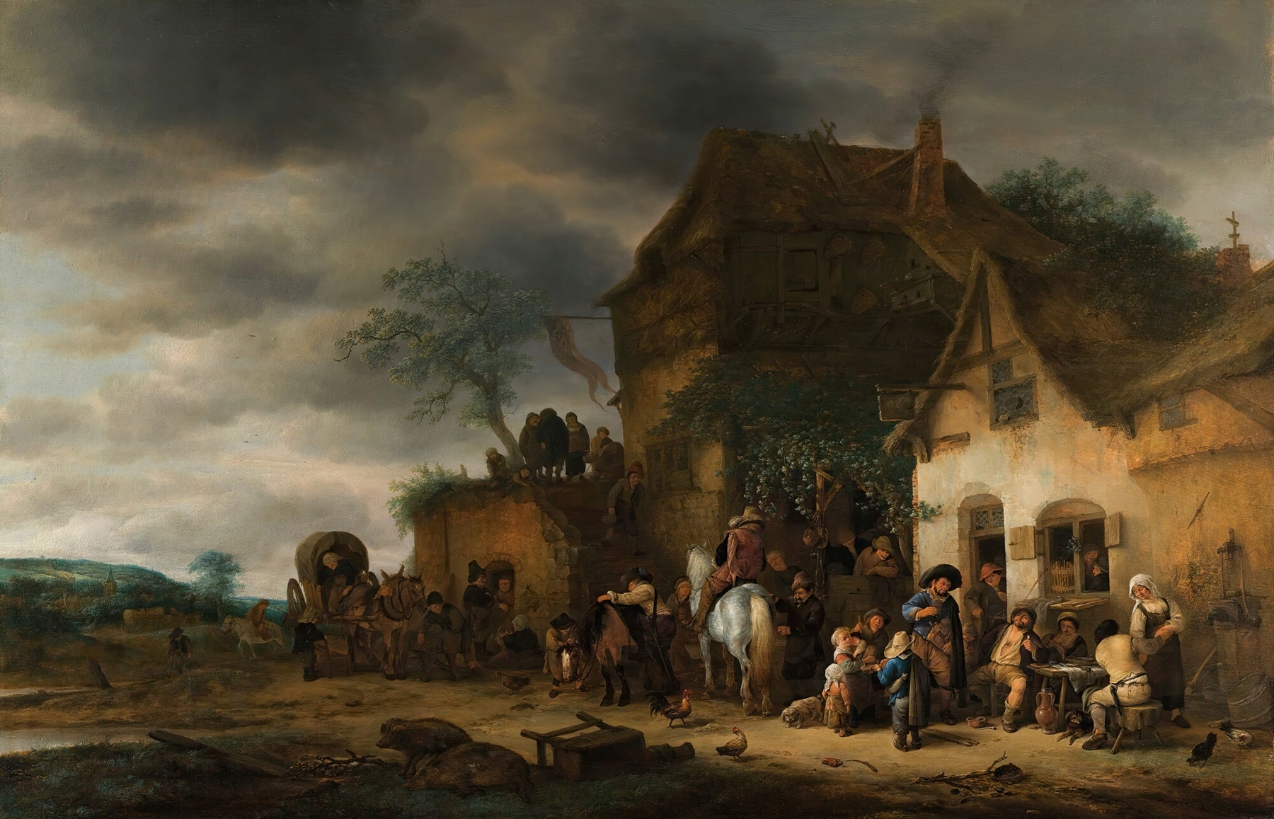 Genre scene of travelers resting at a country inn, oil painting by Adriaen van Ostade.