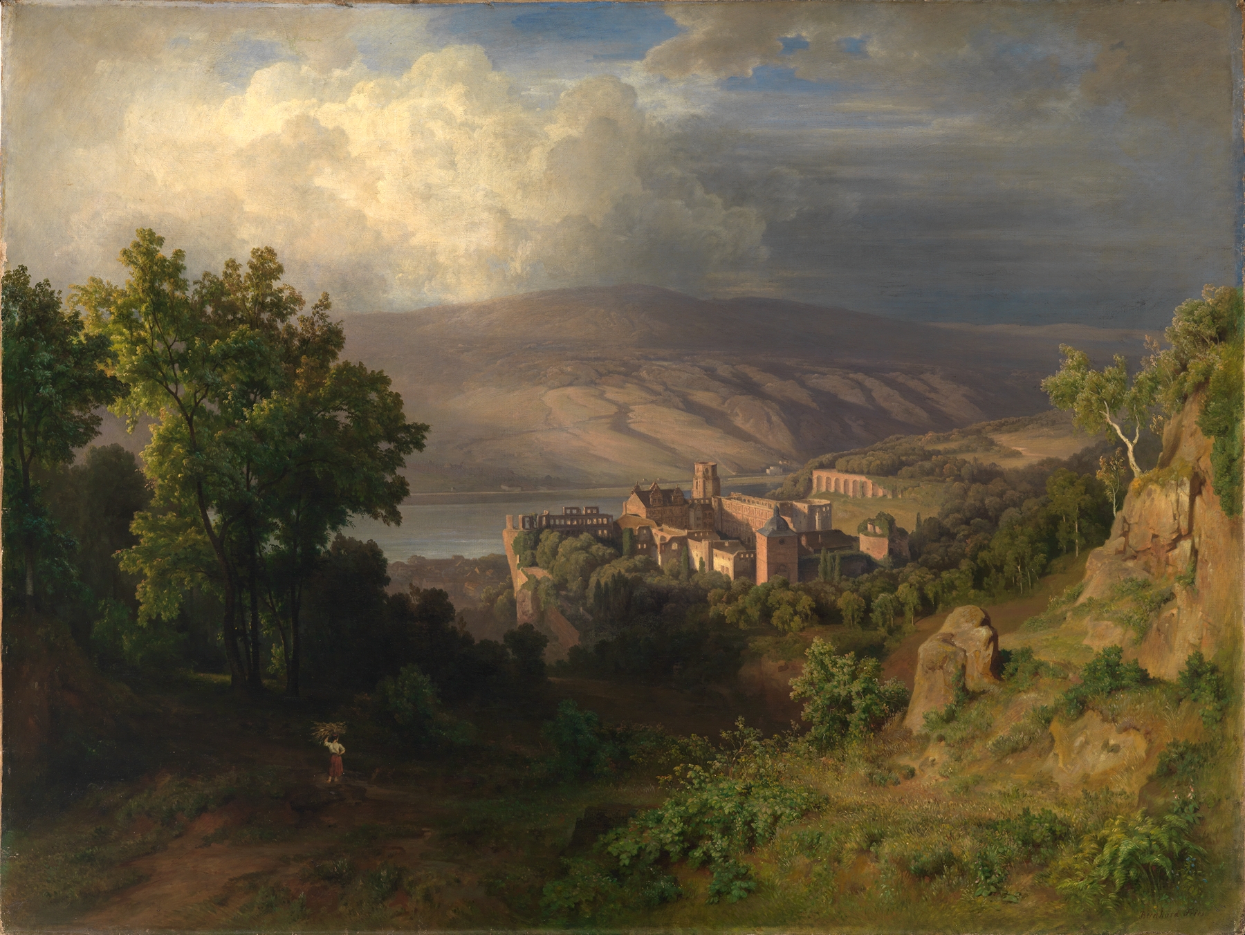 Blick auf Heidelberg by Bernhard Fries, oil on canvas depicting a sunset over the hills and architecture.