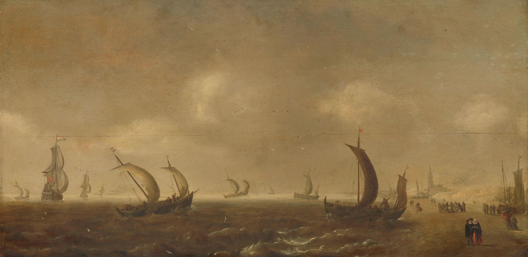 Seascape on the Beach at Scheveningen by Willem van Diest, oil painting depicting gentle waves and a vast sky.
