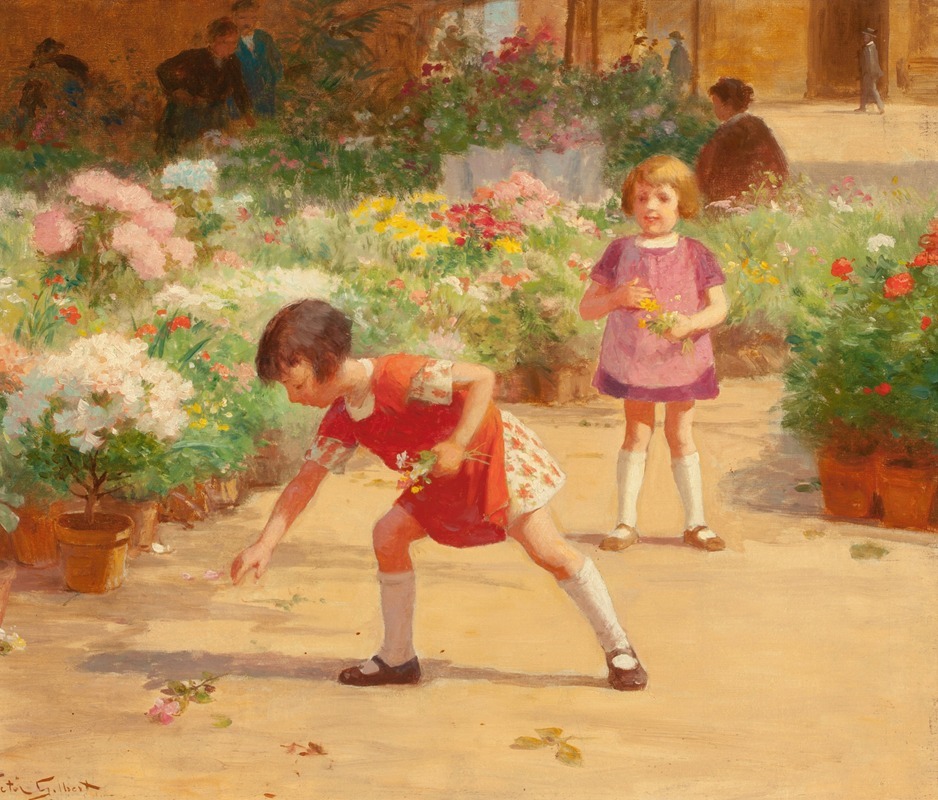 A beautiful painting of a woman gathering flowers in a lush garden.