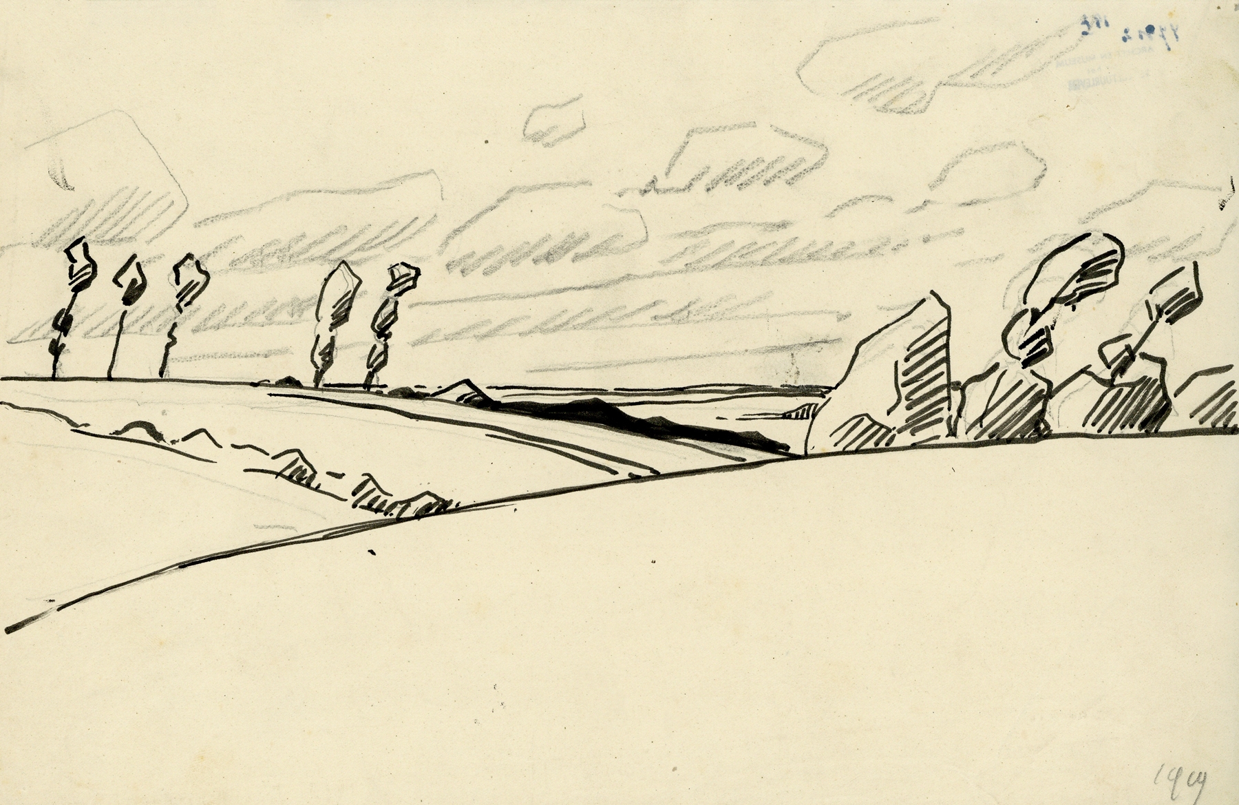 Landscape in ink by Albert Daenens, featuring delicate strokes and muted hues on paper.