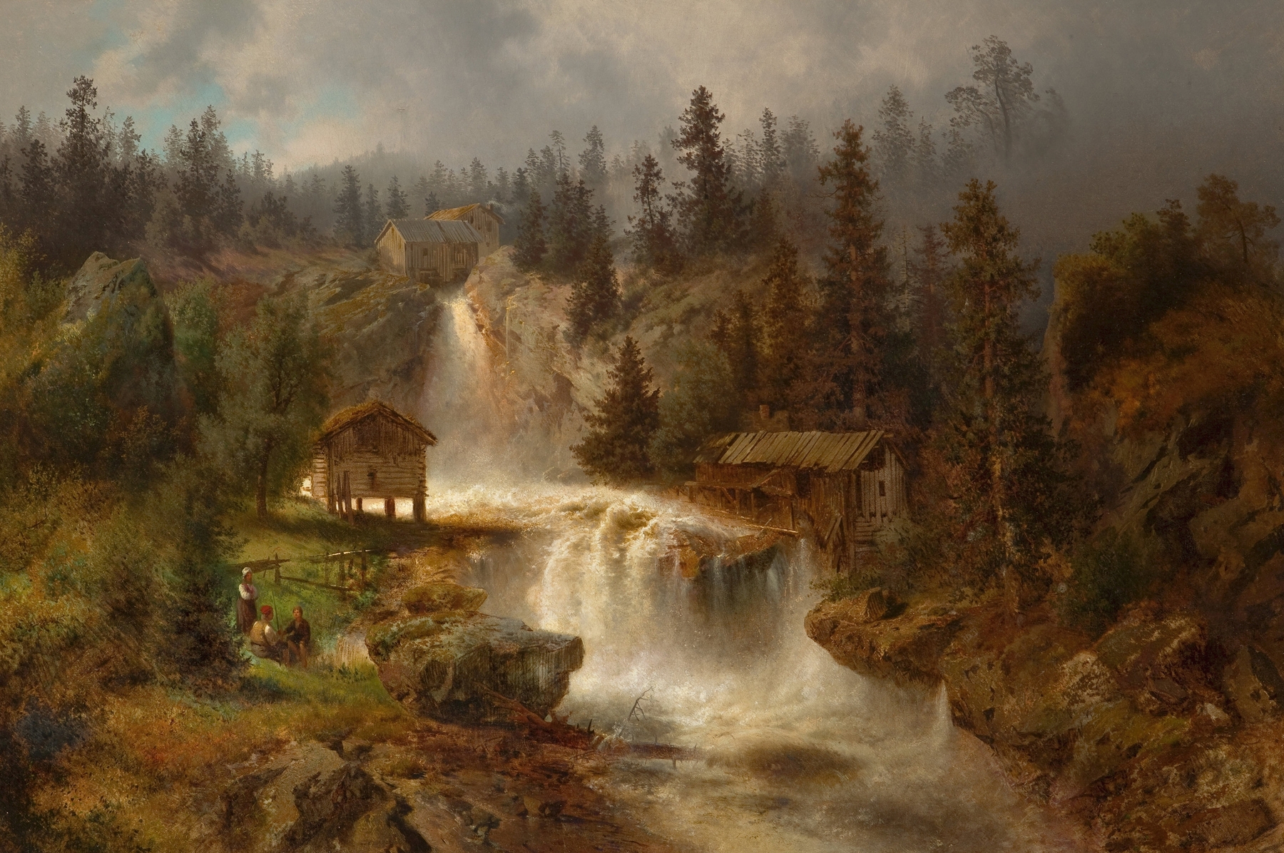 Figures Before a Mill in a Mountainous River Landscape, oil on canvas by Hermann Ottomar Herzog