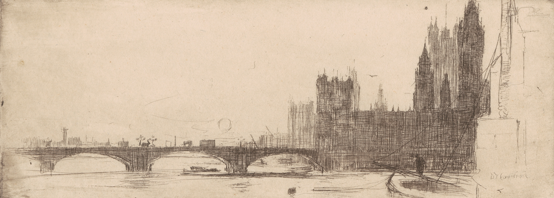 Houses of Parliament by David Young Cameron, watercolor on paper, gothic architecture under a stormy sky.