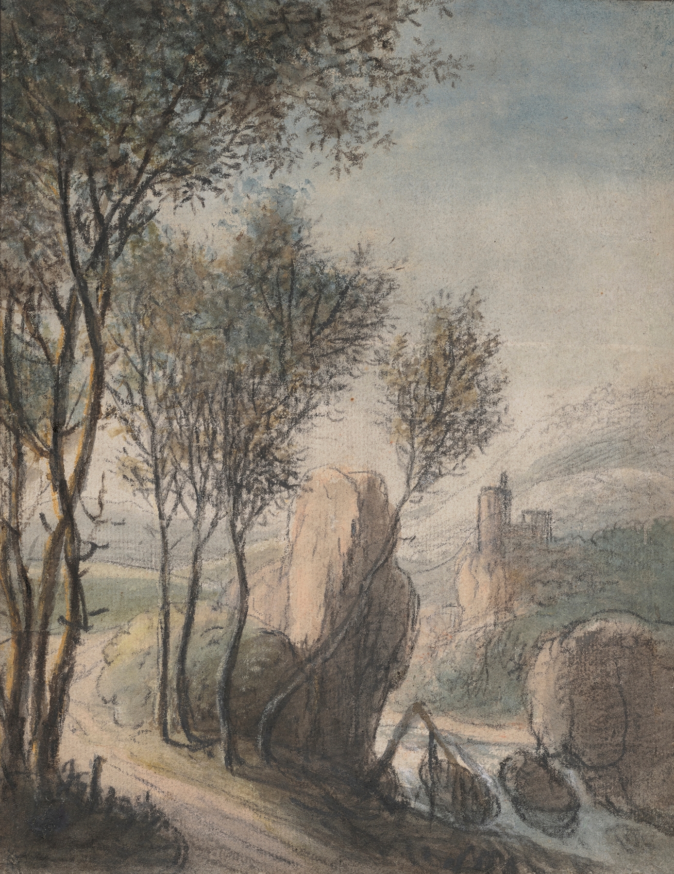 River landscape with a castle, oil on canvas by Antonie Waterloo