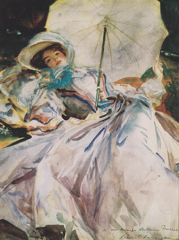 A woman holding a parasol stands in a sunlit field, painted by John Singer Sargent.