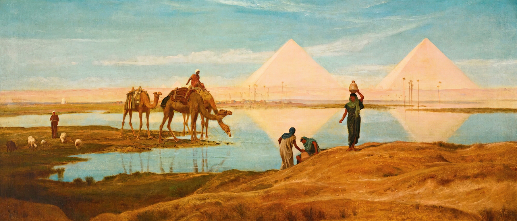 The Light Of The Rising Sun Upon The Pyramids Of Ghizeh, oil painting by Frederick Goodall