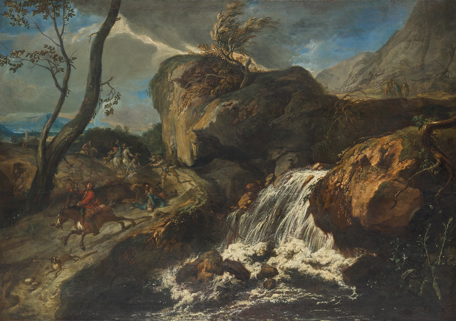 Landschaft mit Überfall by Anton Faistenberger, oil on canvas depicting a serene landscape at sunset.