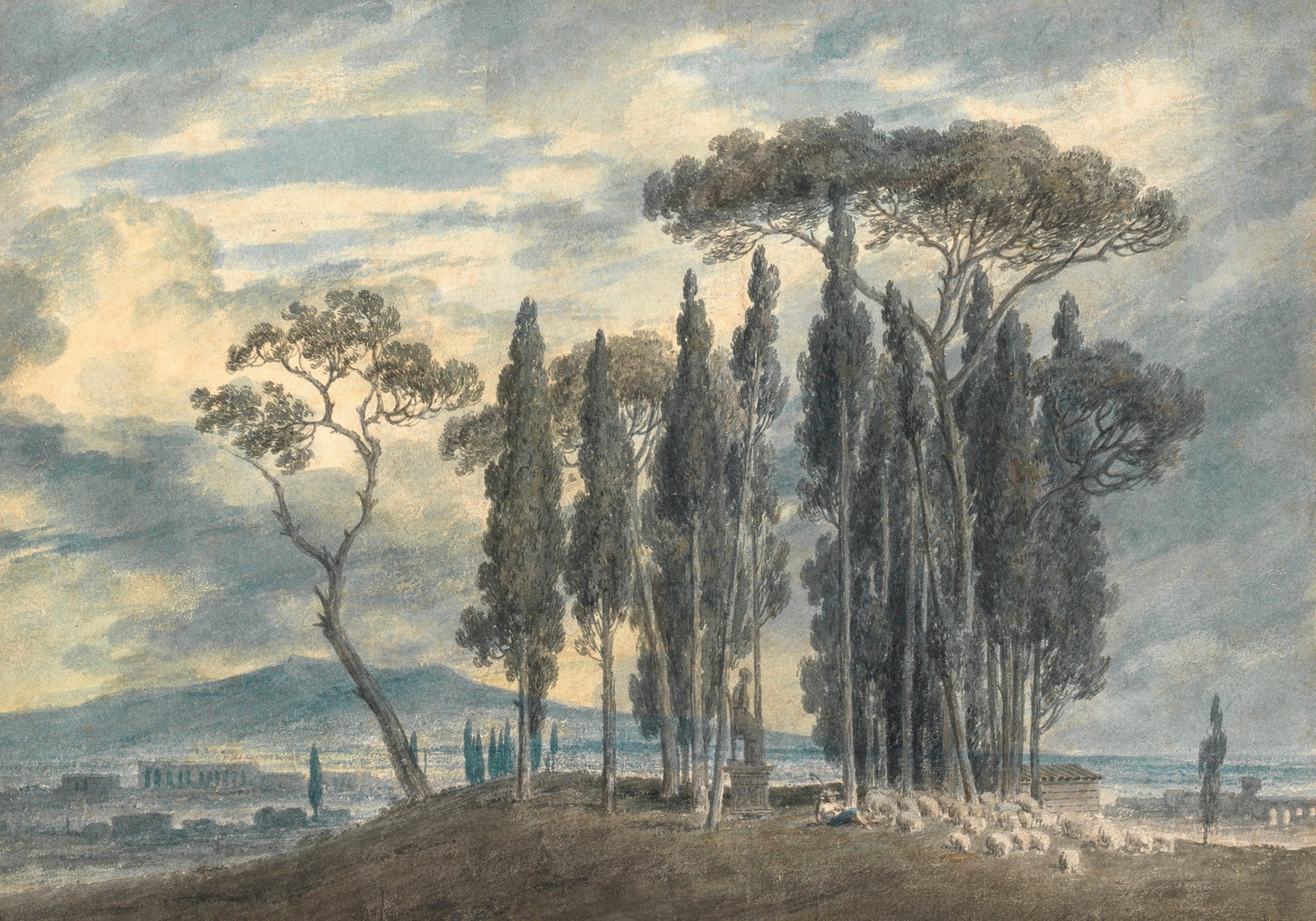 Watercolour by John Robert Cozens depicting a lush garden with figures and sunlight.