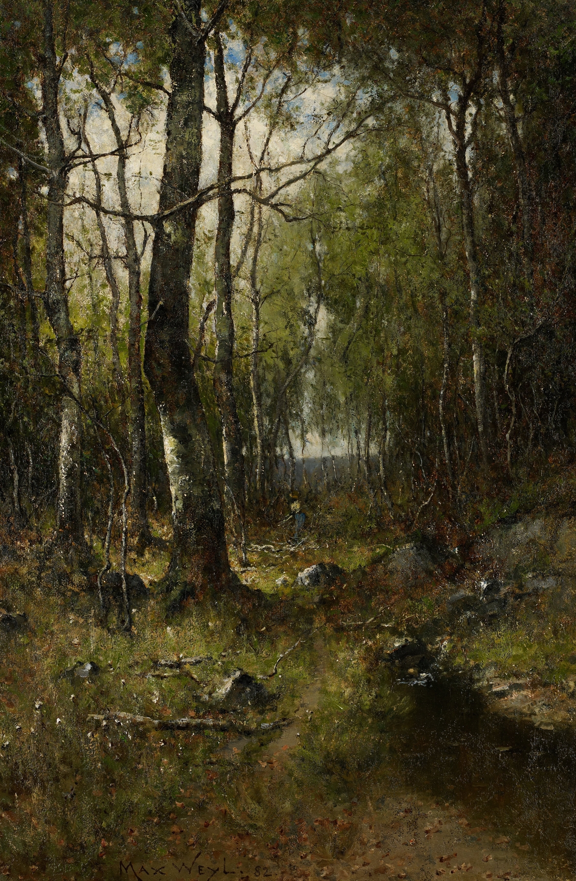 Temple Woods by Max Weyl, oil on canvas depicting a serene forest scene.