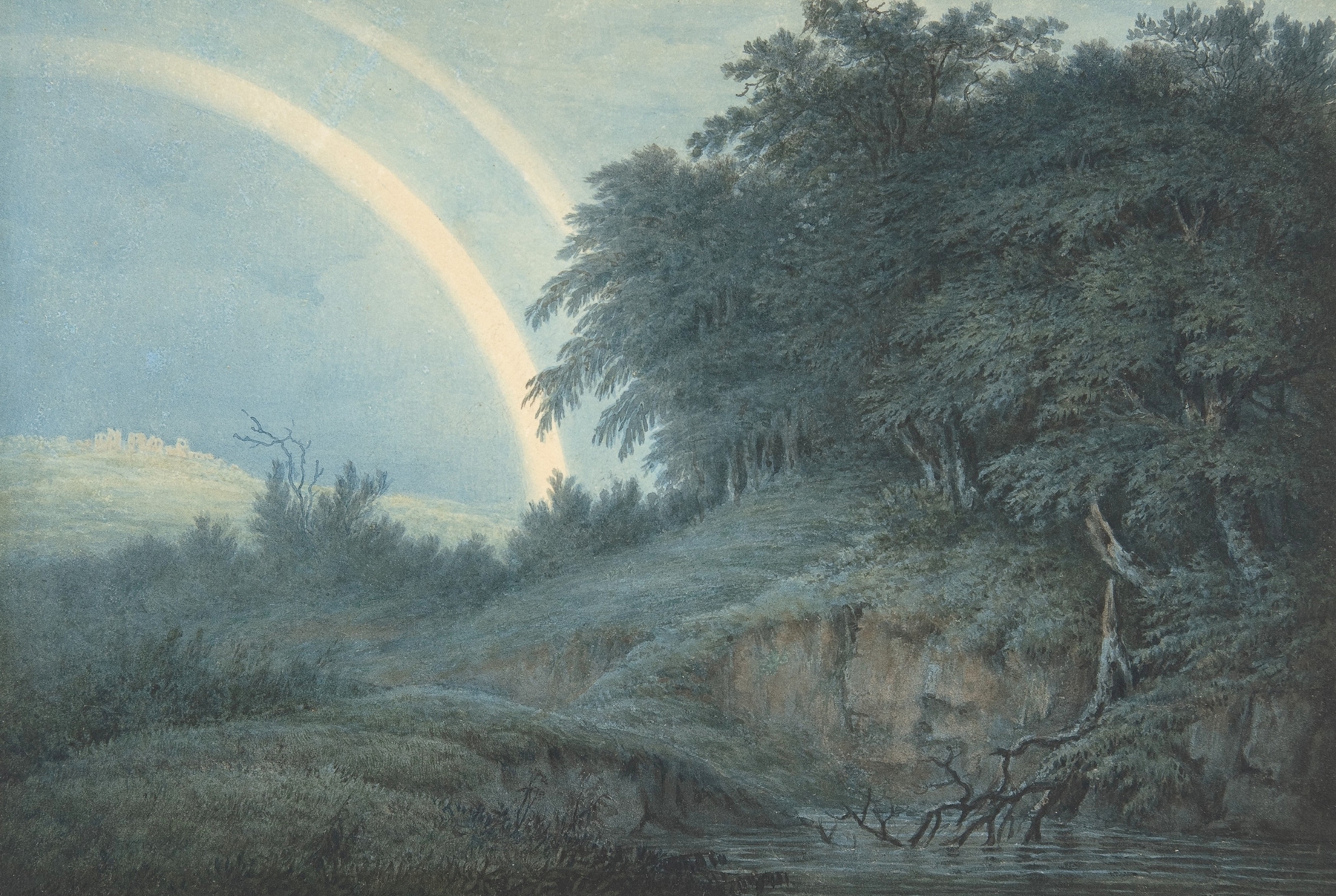 Landscape with a rainbow over lush greenery, oil painting by John Glover