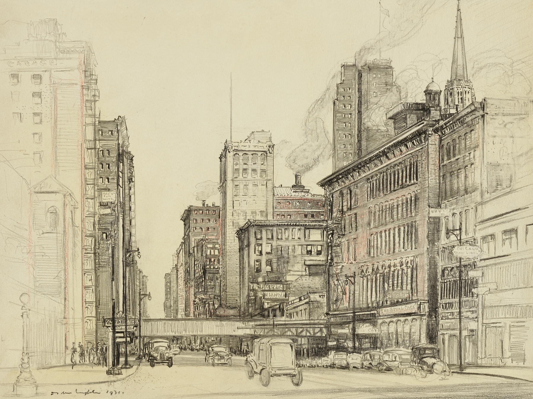 Chicago, North Dearborn Street by Donald Shaw MacLaughlan, oil on canvas depicting urban landscape at sunset.