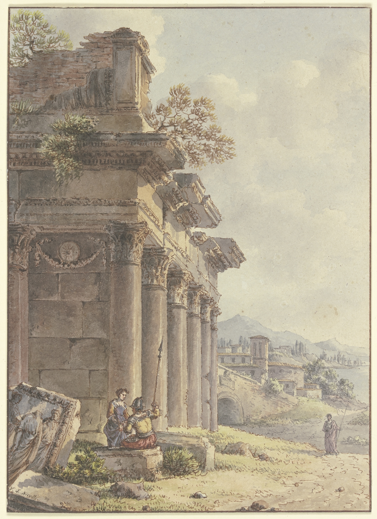 Ink and wash by Victor-Jean Nicolle depicting temple ruins in a landscape.
