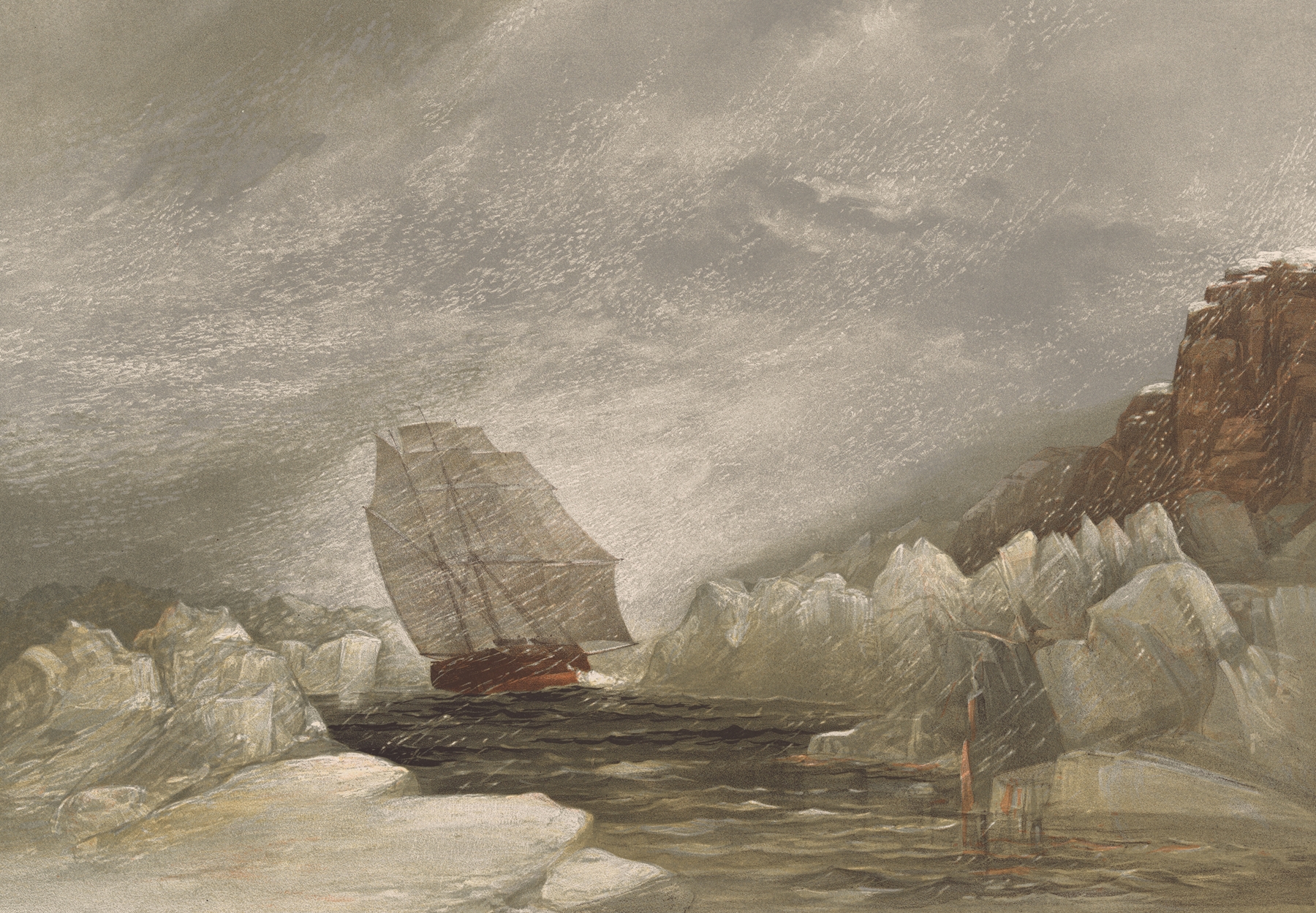 H.M.S. Investigator running through a narrow channel, by Samuel Gurney Cresswell, public domain