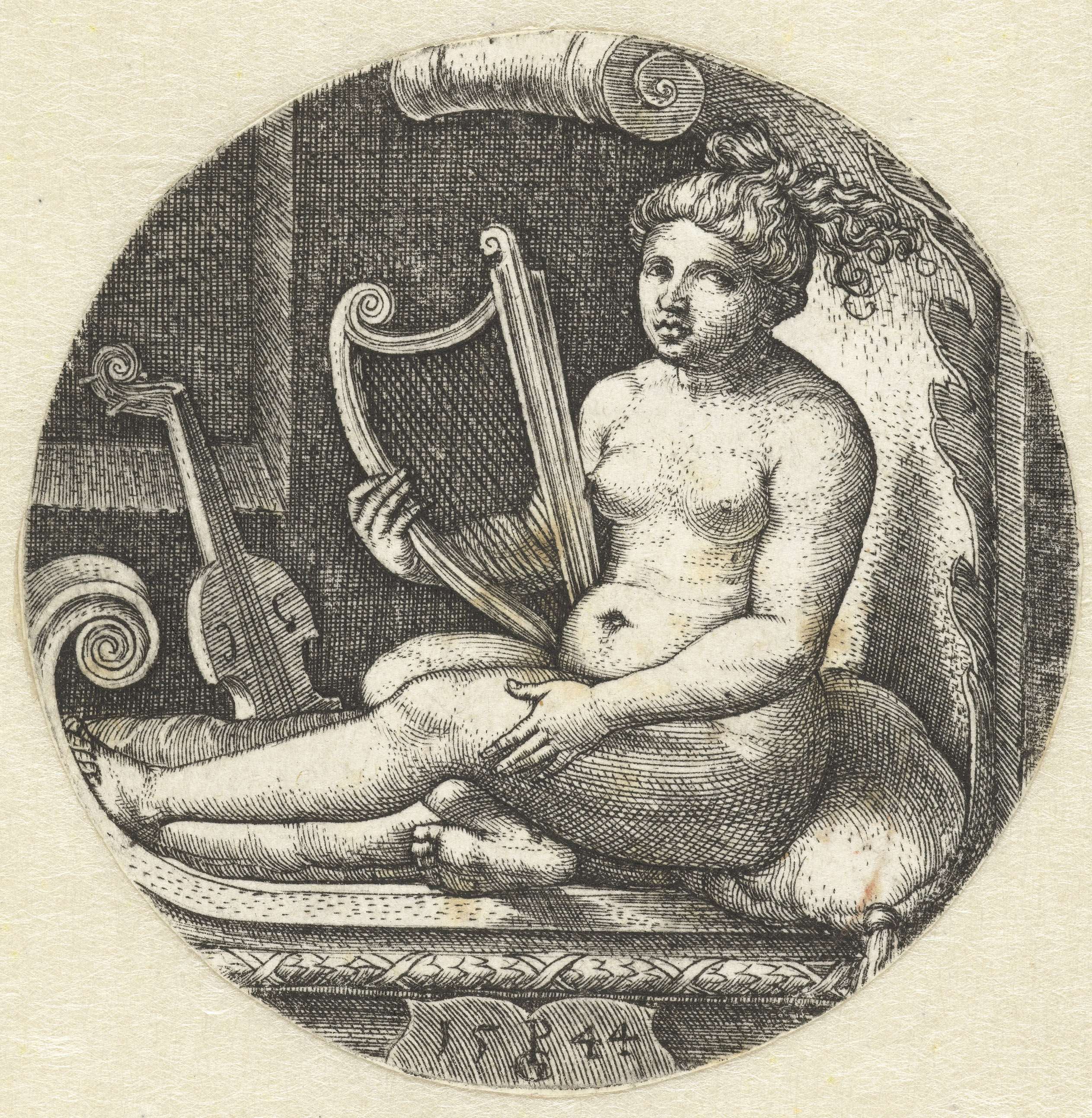 Zittende naakte vrouw met een harp, by Georg Pencz, public domain