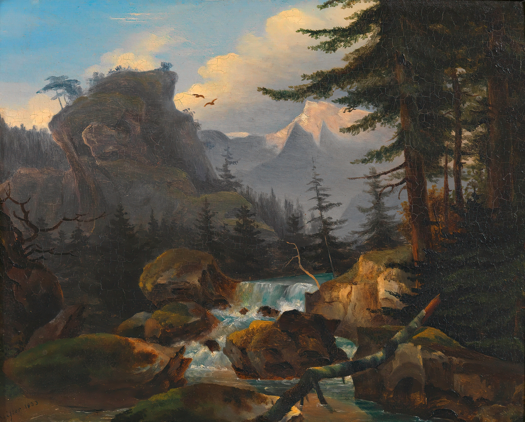 Wasserfall im Hochgebirge by Adalbert Stifter, oil painting depicting a waterfall in the mountains