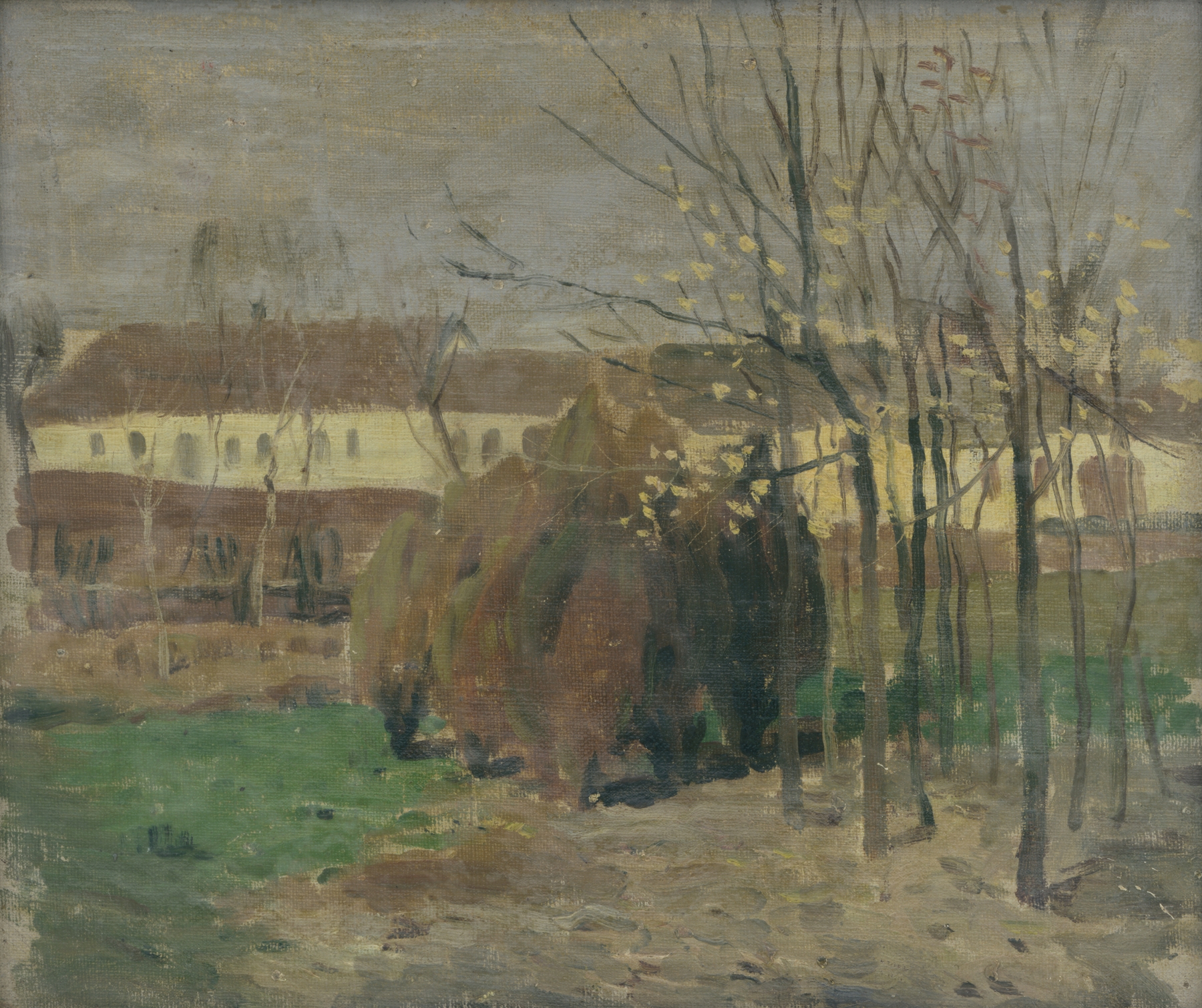 Impressionist oil painting by Ján Thain depicting early spring with soft greens and pale yellows.