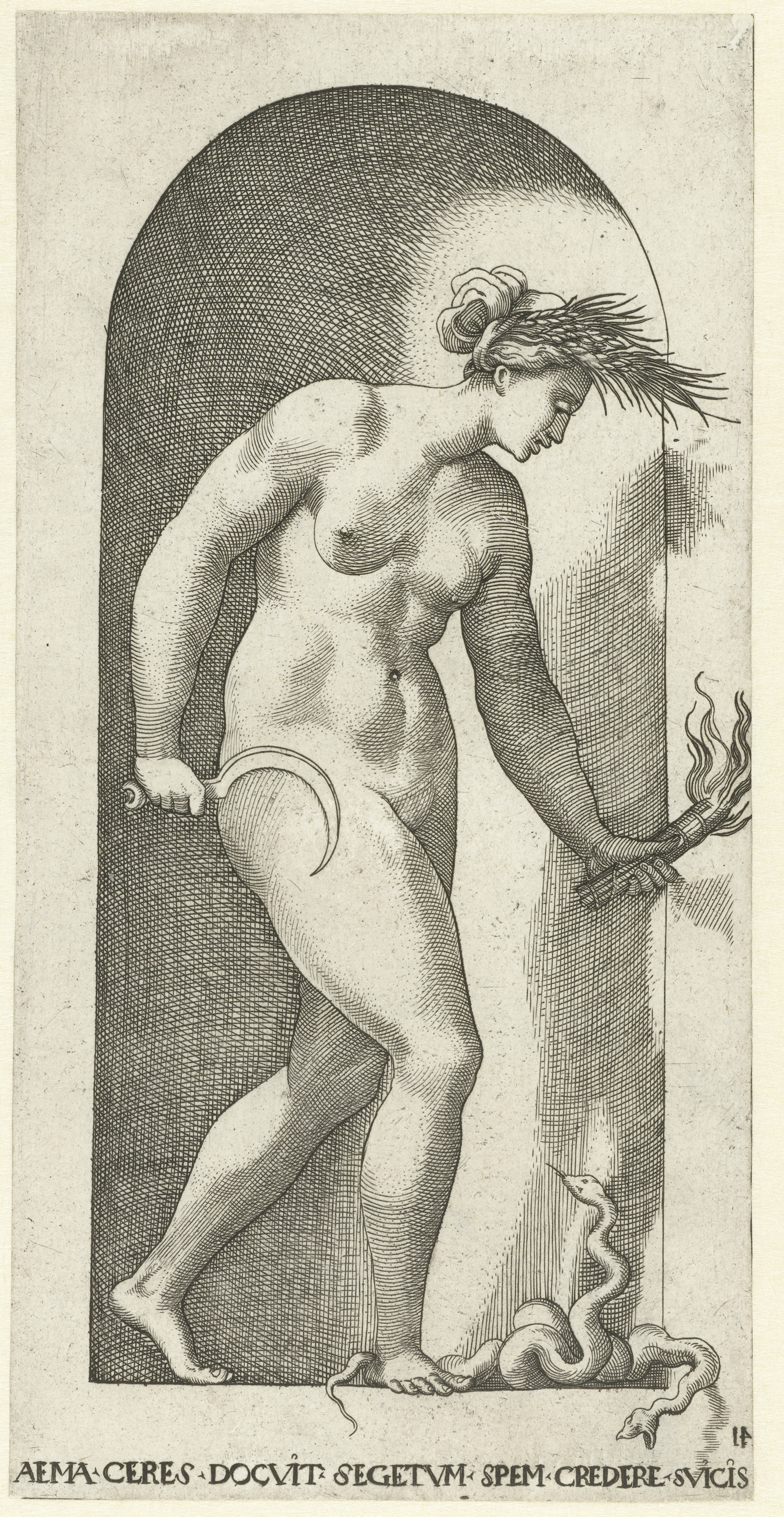 Engraving by Jacob Binck depicting Ceres with a crown of wheat, snake, and torch