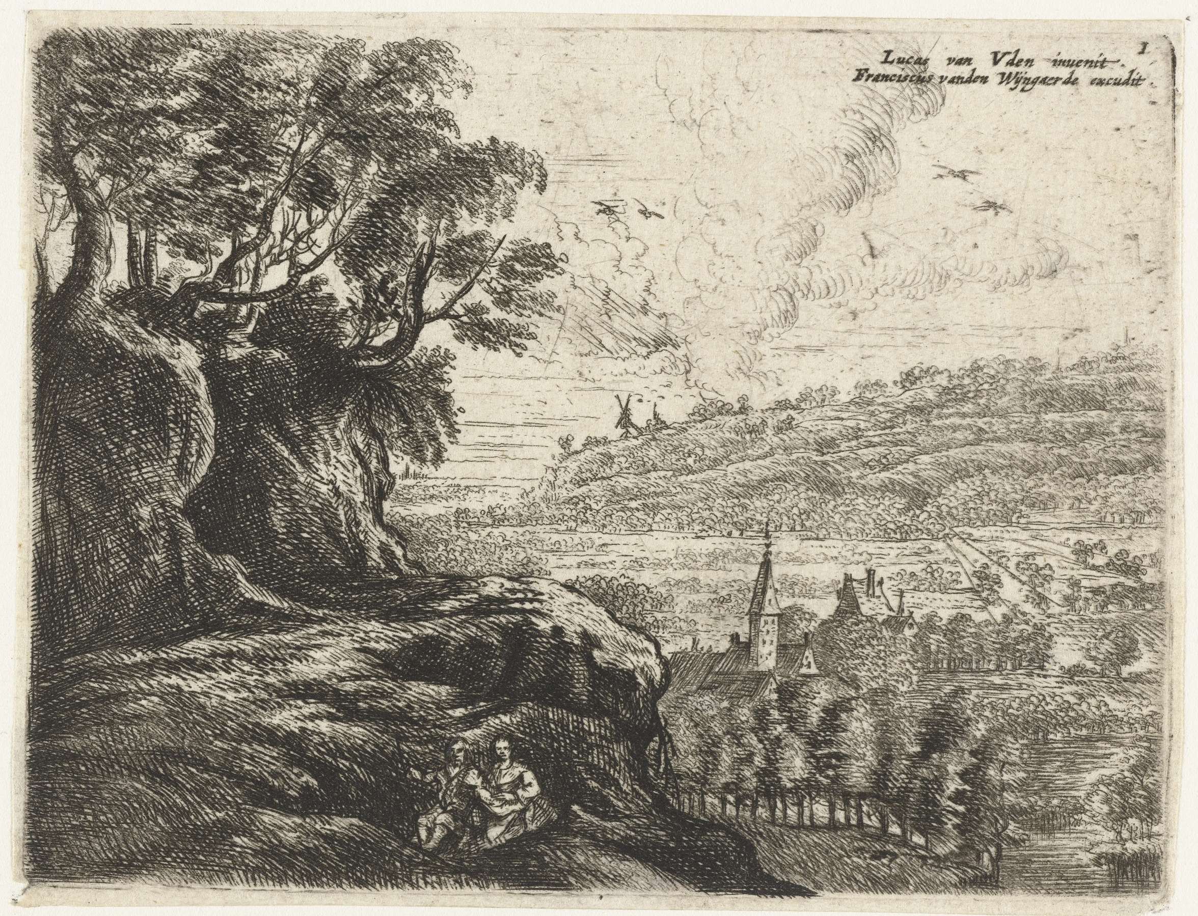 Landschap met een man, vrouw en kind etching by Philips Augustijn Immenraet depicting a family in nature.