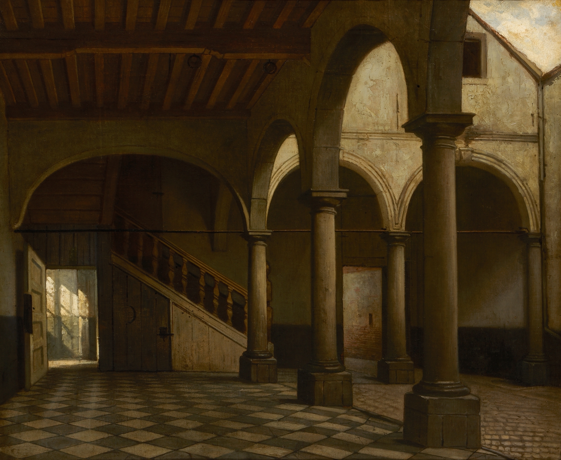 Interior scene with columns and warm light by Hendrik Diddaert, 1850