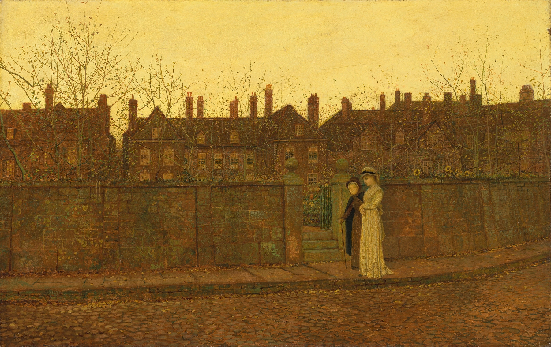 In the Golden Gloaming, oil on canvas by John Atkinson Grimshaw, depicting a sunset over water.