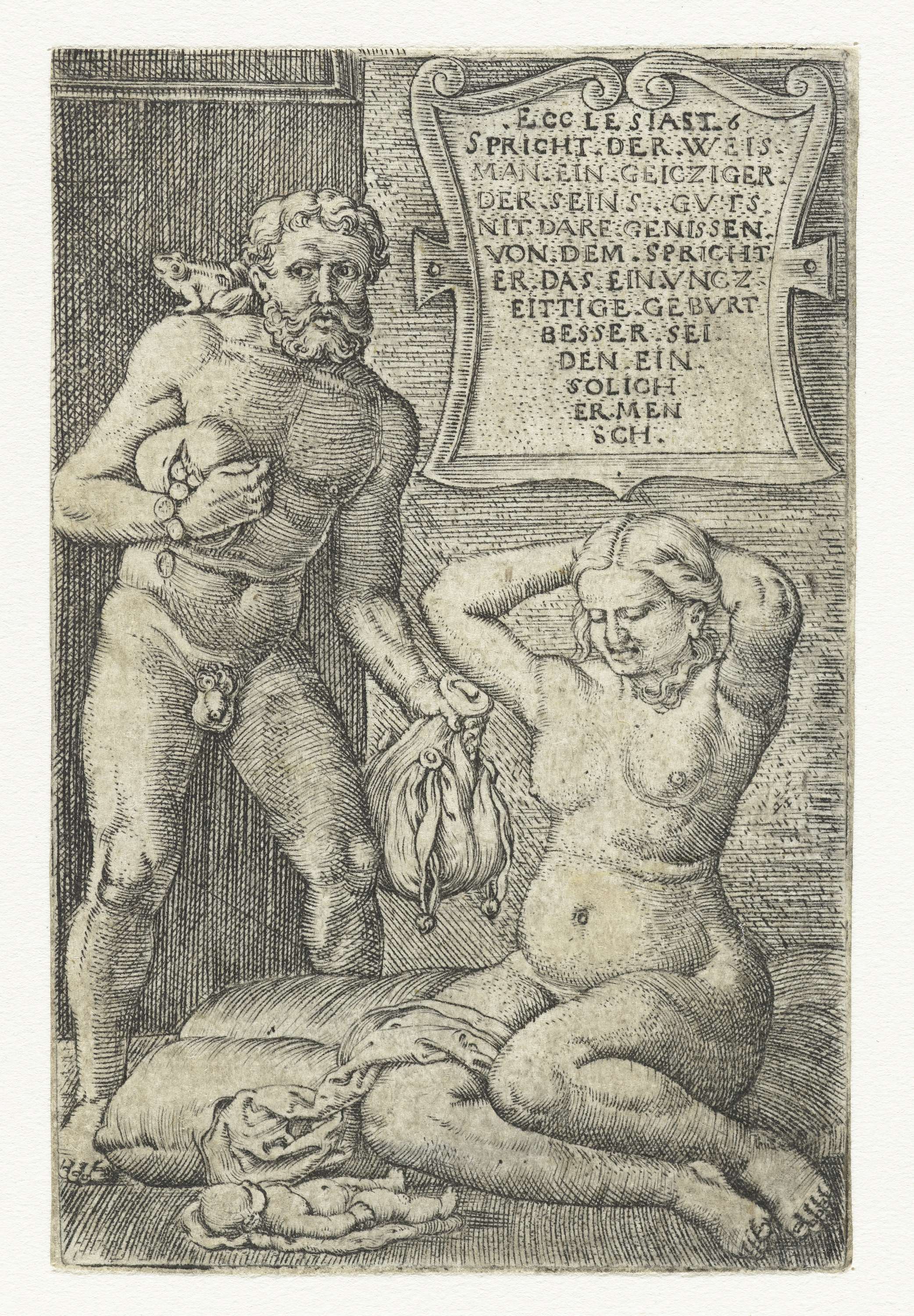 Engraving by Barthel Beham depicting a woman in grief over a miscarriage.