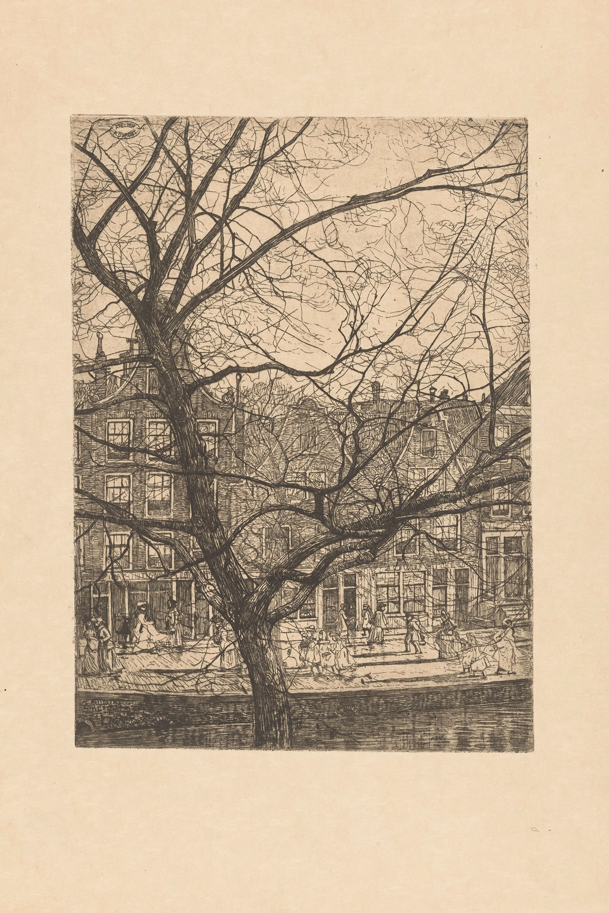 Grachtenhuizen met halsgevels in Amsterdam by Pieter Dupont, oil painting depicting Amsterdam's gabled houses.