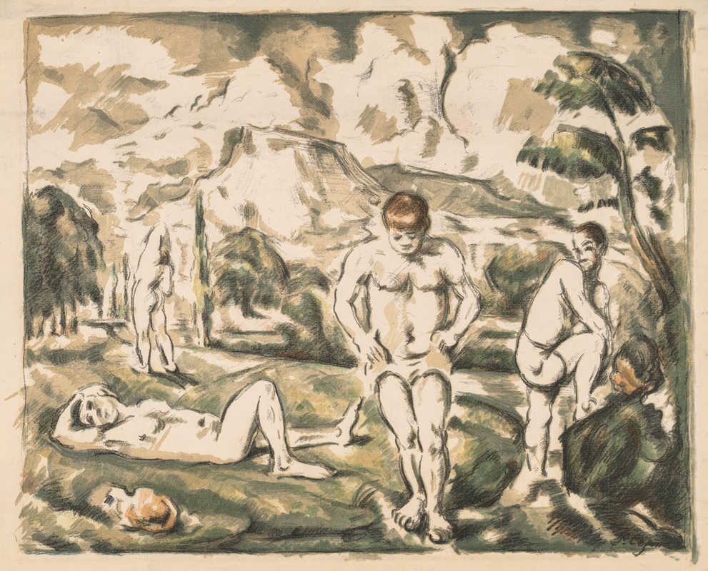 Figurative oil painting by Paul Cezanne depicting bathers among trees