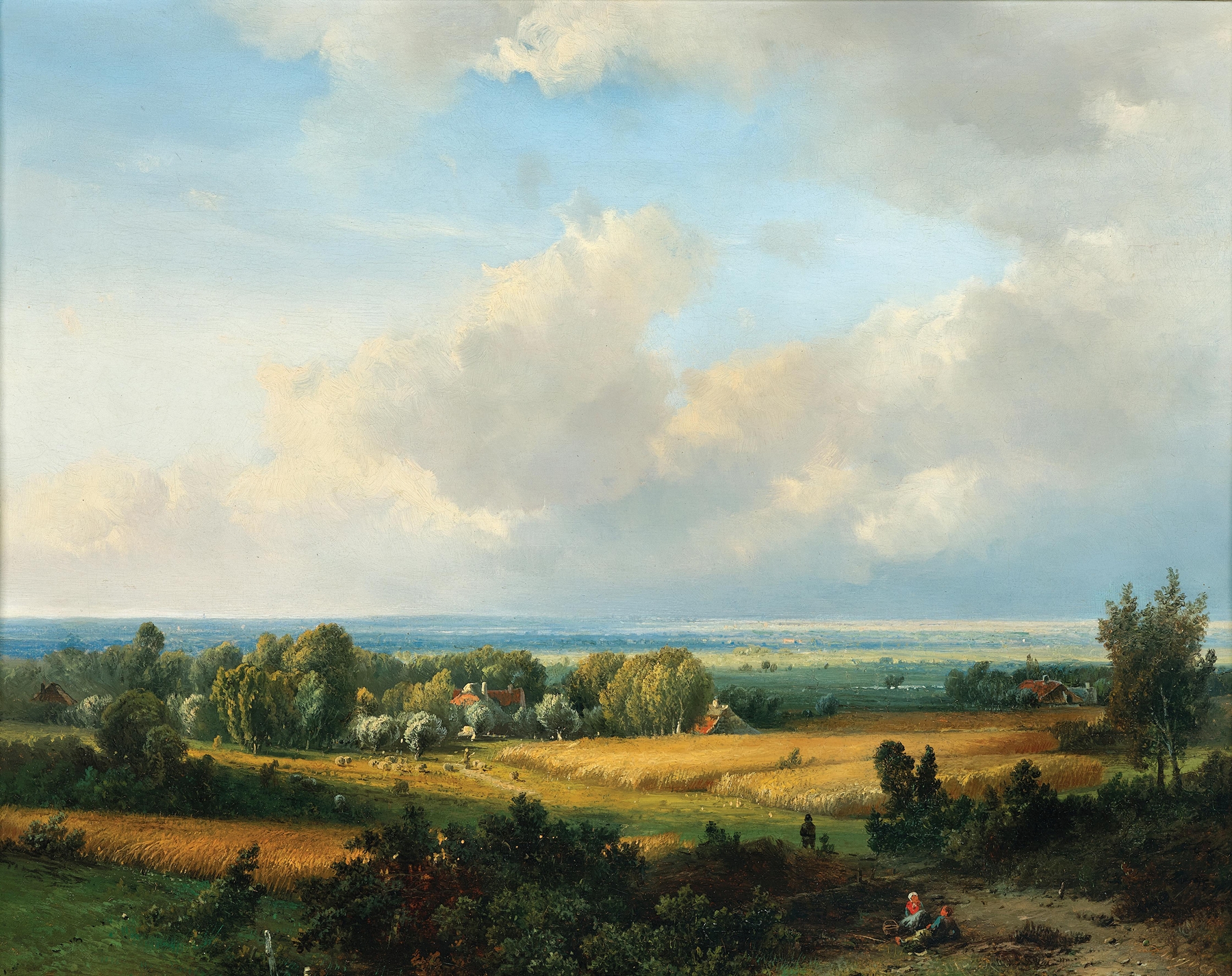 A Vast Summer Landscape by Pieter Lodewijk Francisco Kluyver, oil painting depicting fields and sky.