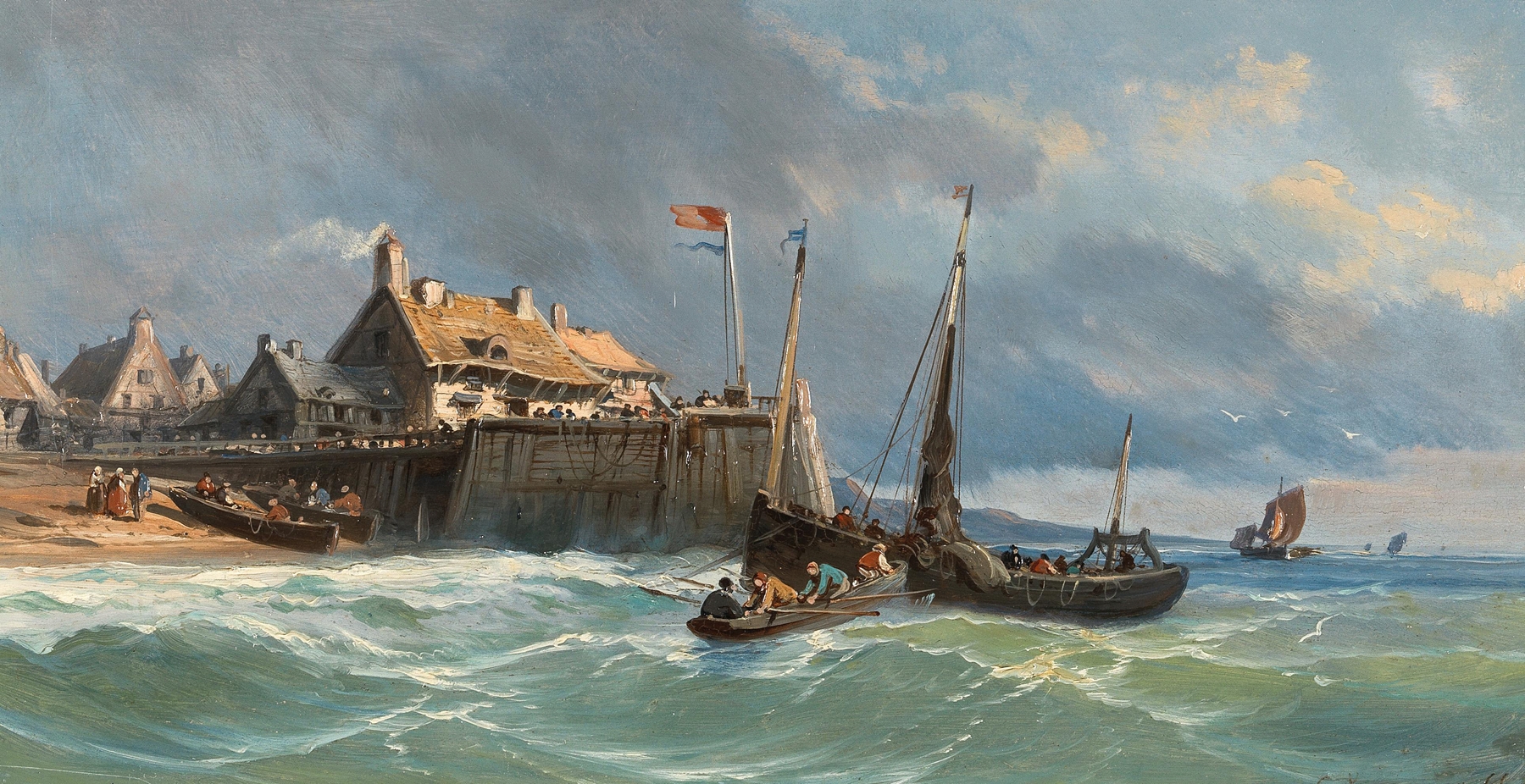 Fishermen by the Coast, oil on canvas by Charles Euphrasie Kuwasseg, depicting fishermen by the shore.