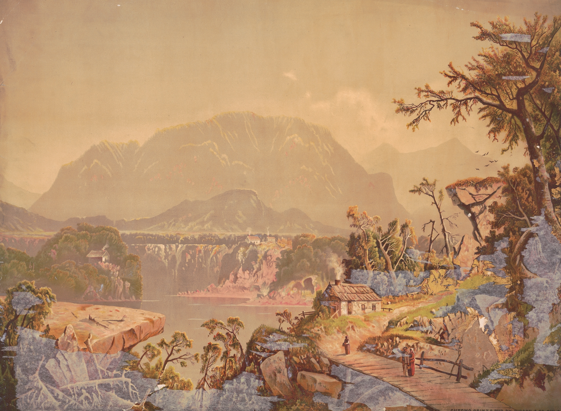 Landscape featuring a river at dawn, lithograph by Gibson & Co. Lith
