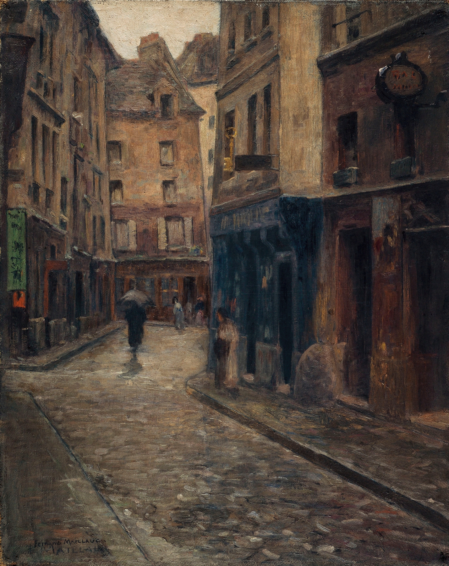 La rue de Lanneau. Effet de pluie by Fernand Maillaud, oil on canvas depicting a rainy Paris street.