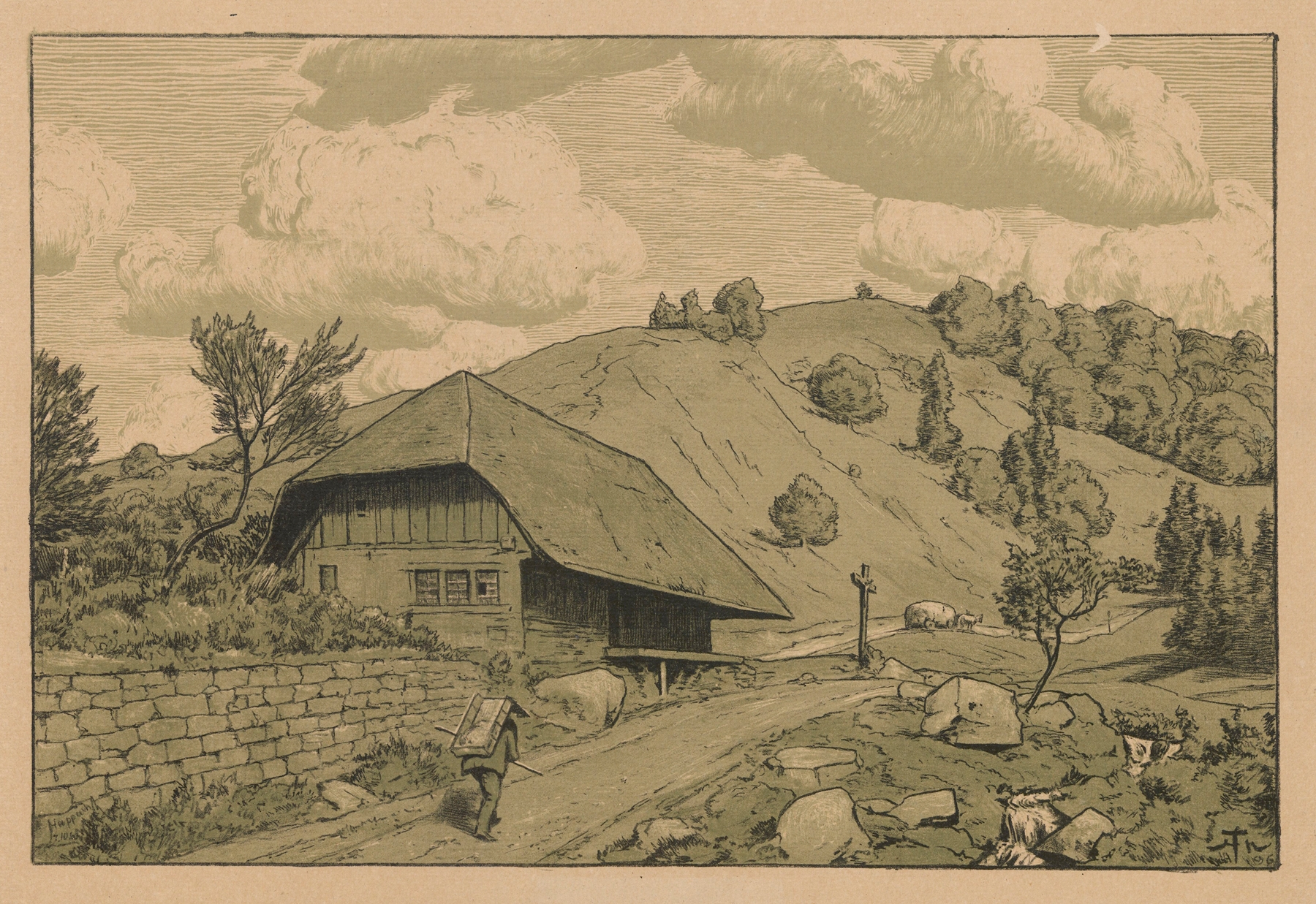 Rural landscape with a wanderer, oil on canvas by Hans Thoma