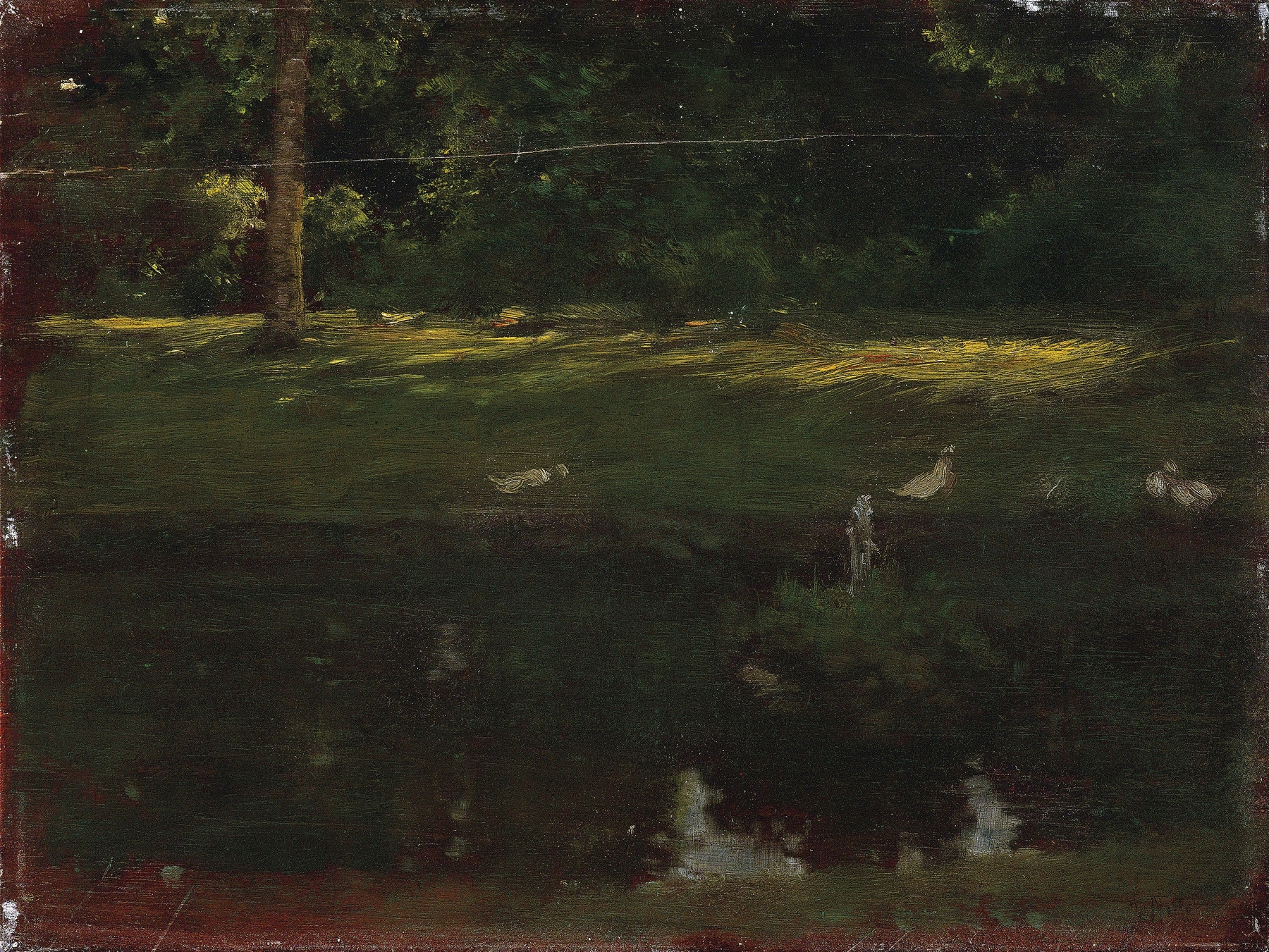 oil on canvas depicting a serene pond with reflections by Giuseppe De Nittis
