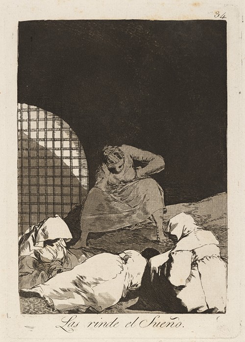 Goya's 'Las rinde el Sueño' depicts a dreamlike scene with figures succumbing to sleep.
